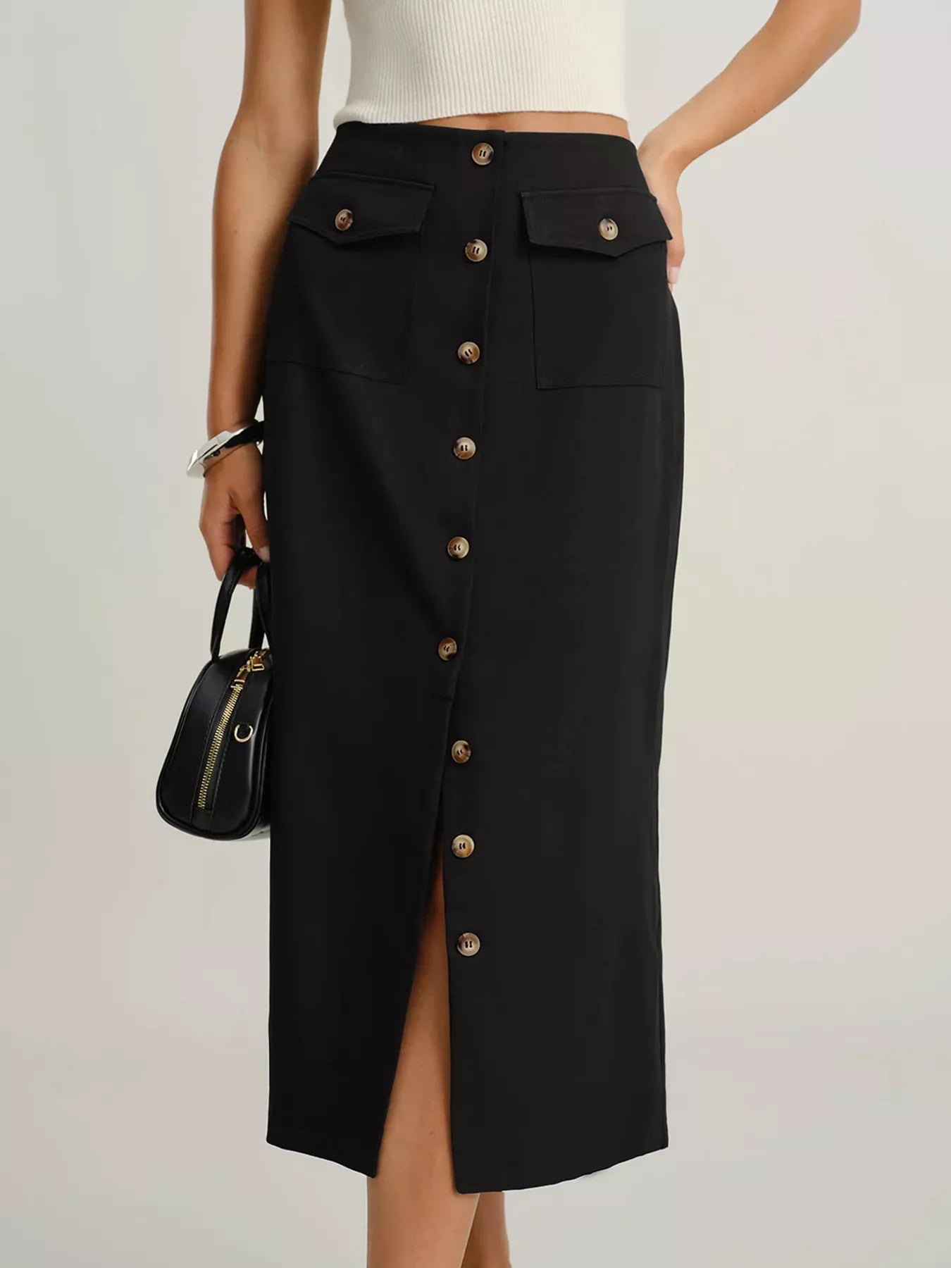 Trendsi Button-Front Pocketed Midi Skirt -