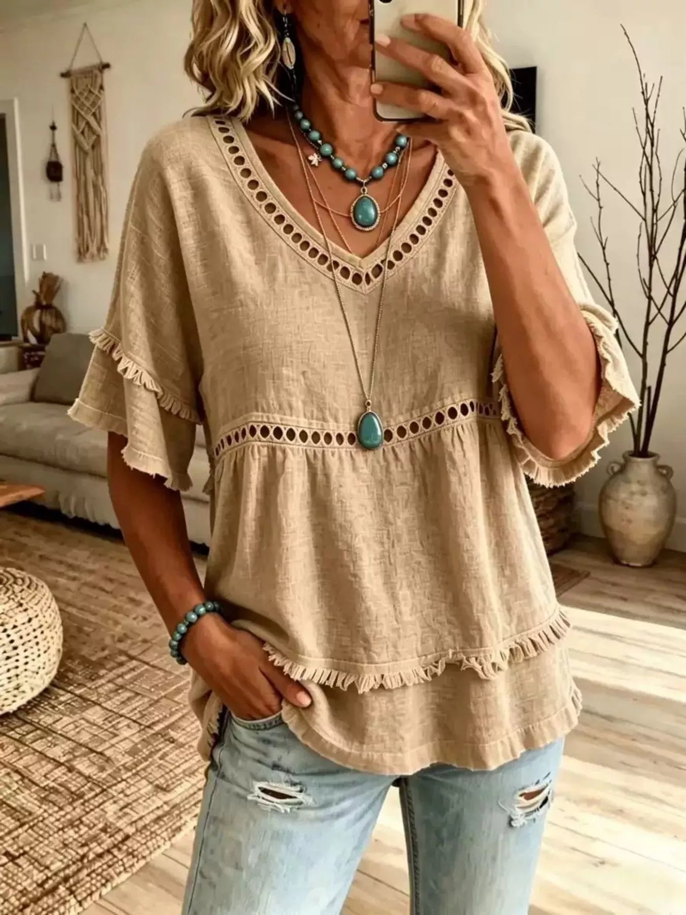 Trendsi Eyelet V-Neck Frayed Edge T-Shirt -