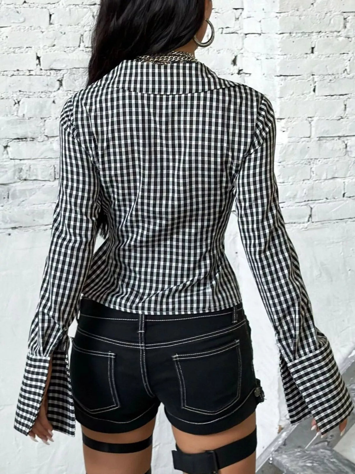 Black Gingham Tie-Front Long Sleeve Blouse with Slit back view