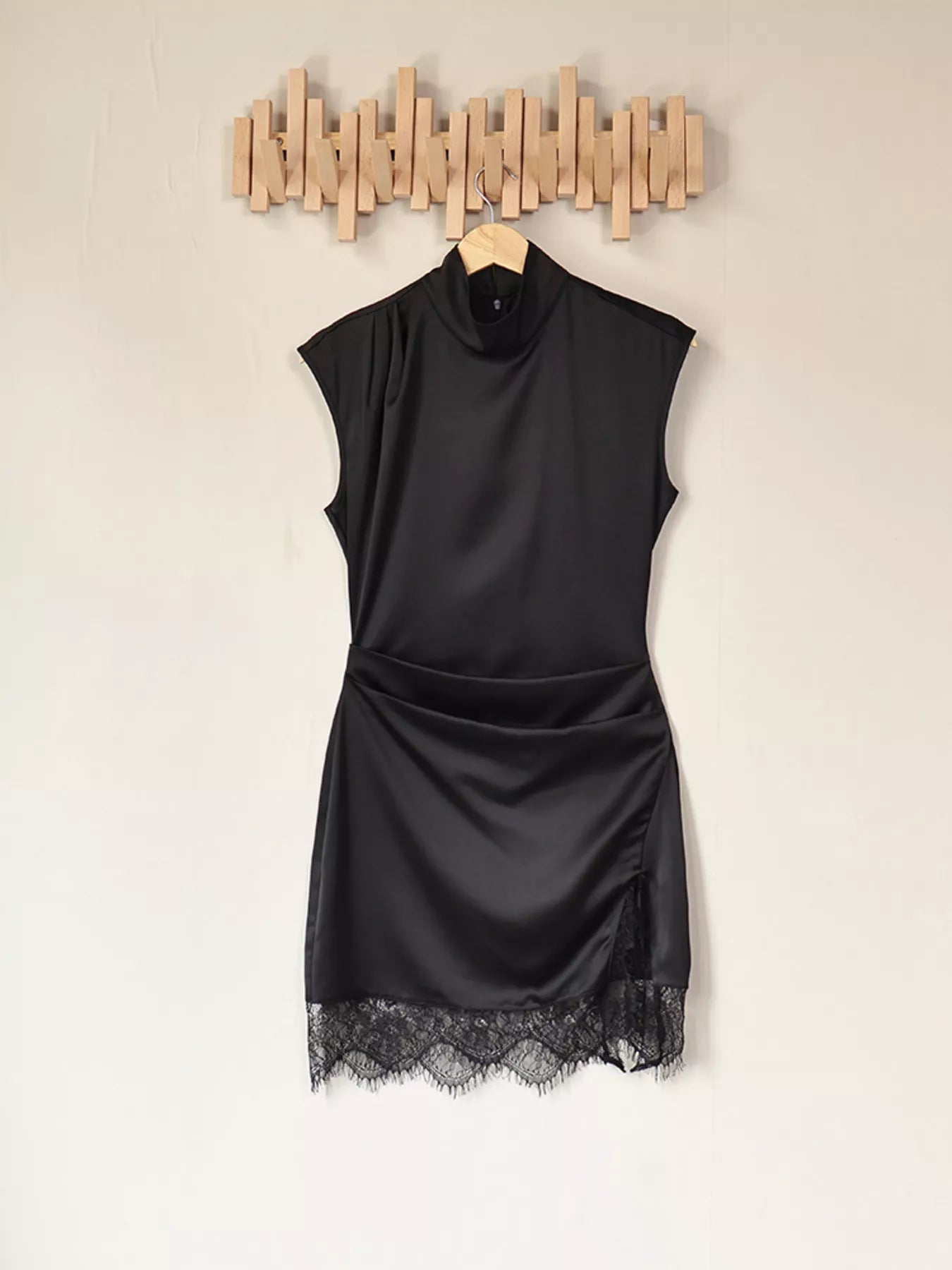 Trendsi Satin Mock Neck Sleeveless Mini Dress with Lace Hem -