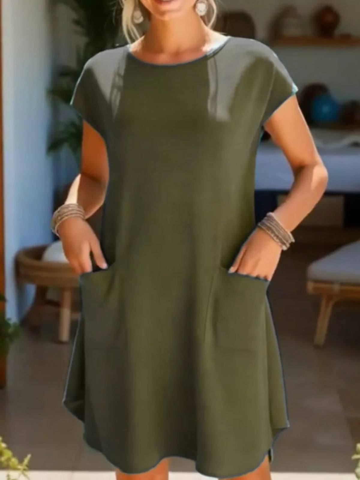 Military Green loose fit t-shirt dress with pockets
