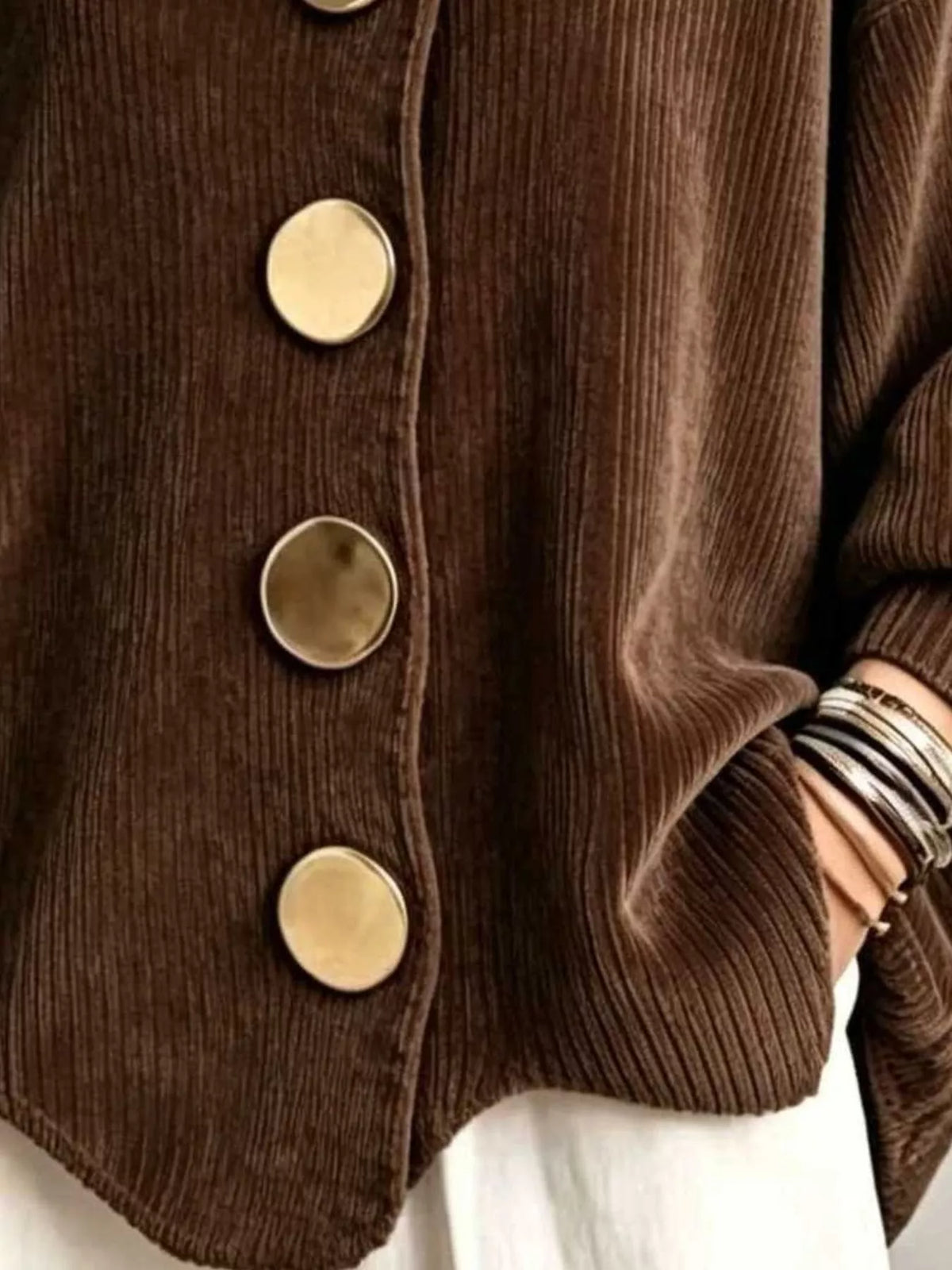 Women's Ribbed Knit Gold Buttons Cardigan in dark brown — button detail view