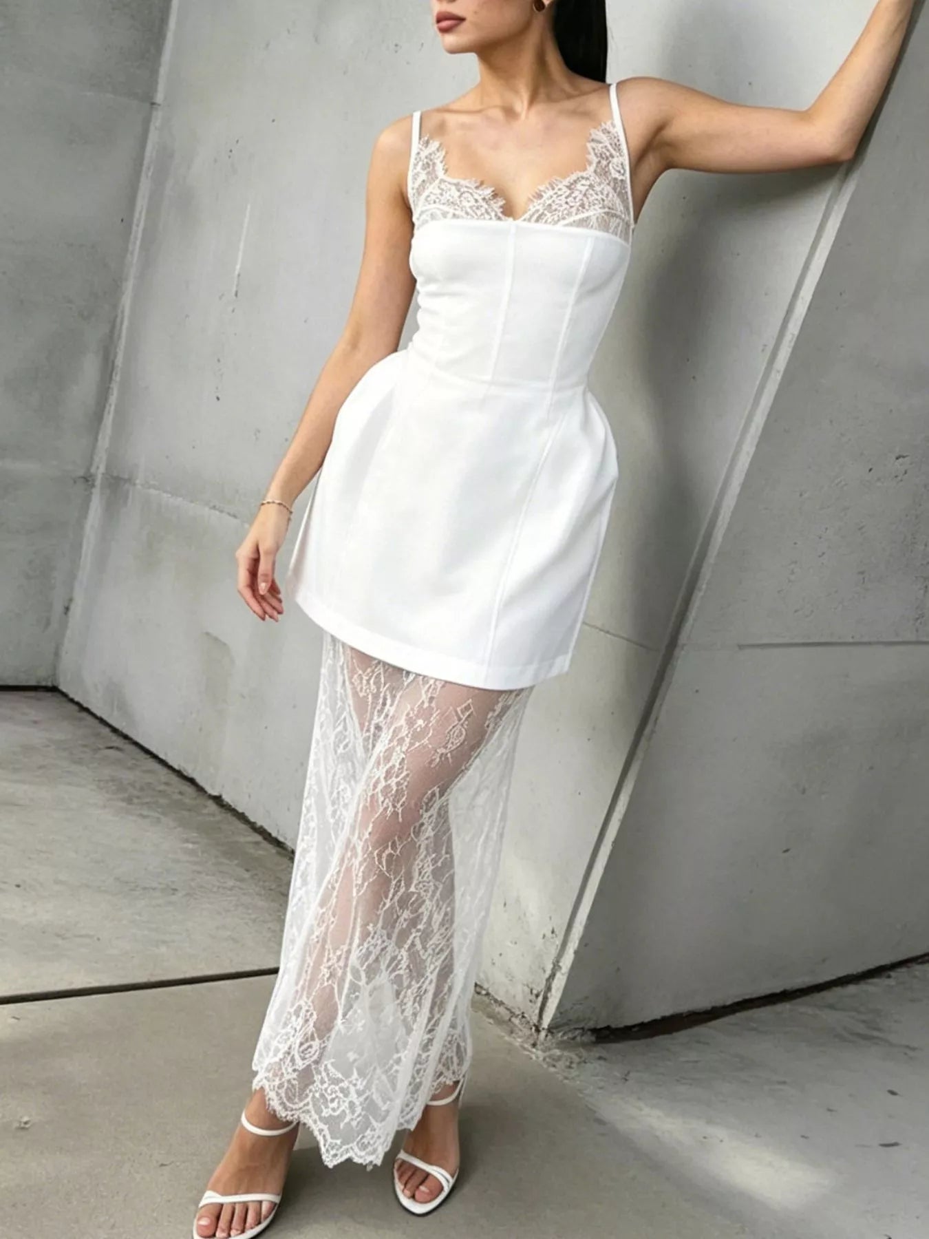Trendsi Lace Corset Mini Dress Set with Sheer Overlay -