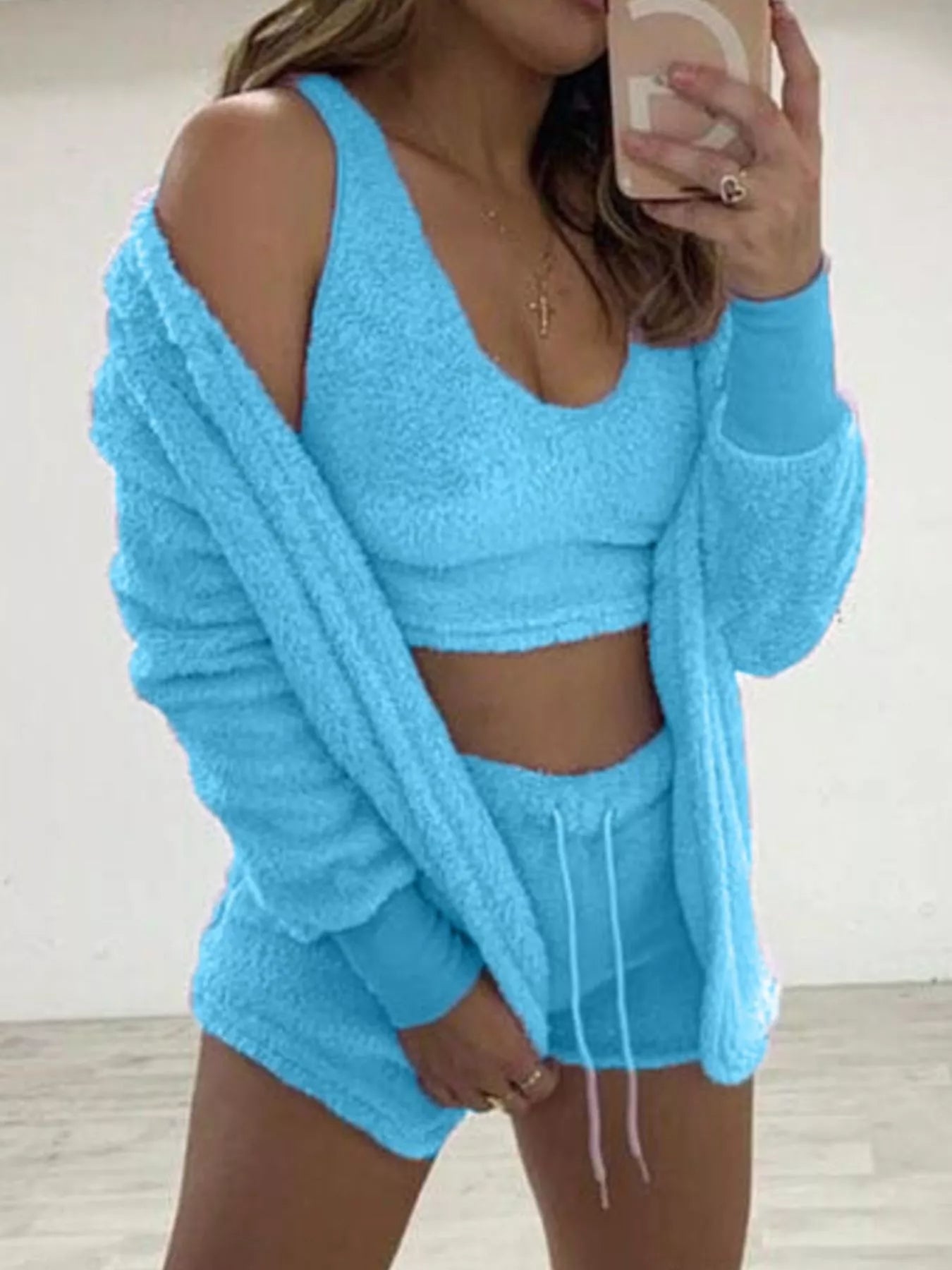 Trendsi Full Size Fuzzy Tank & Cardigan and Shorts Three-Piece Set Plus Size -