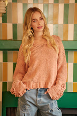 Trendsi BiBi Chunky Knit Sweater with Flower Detail Sleeves -