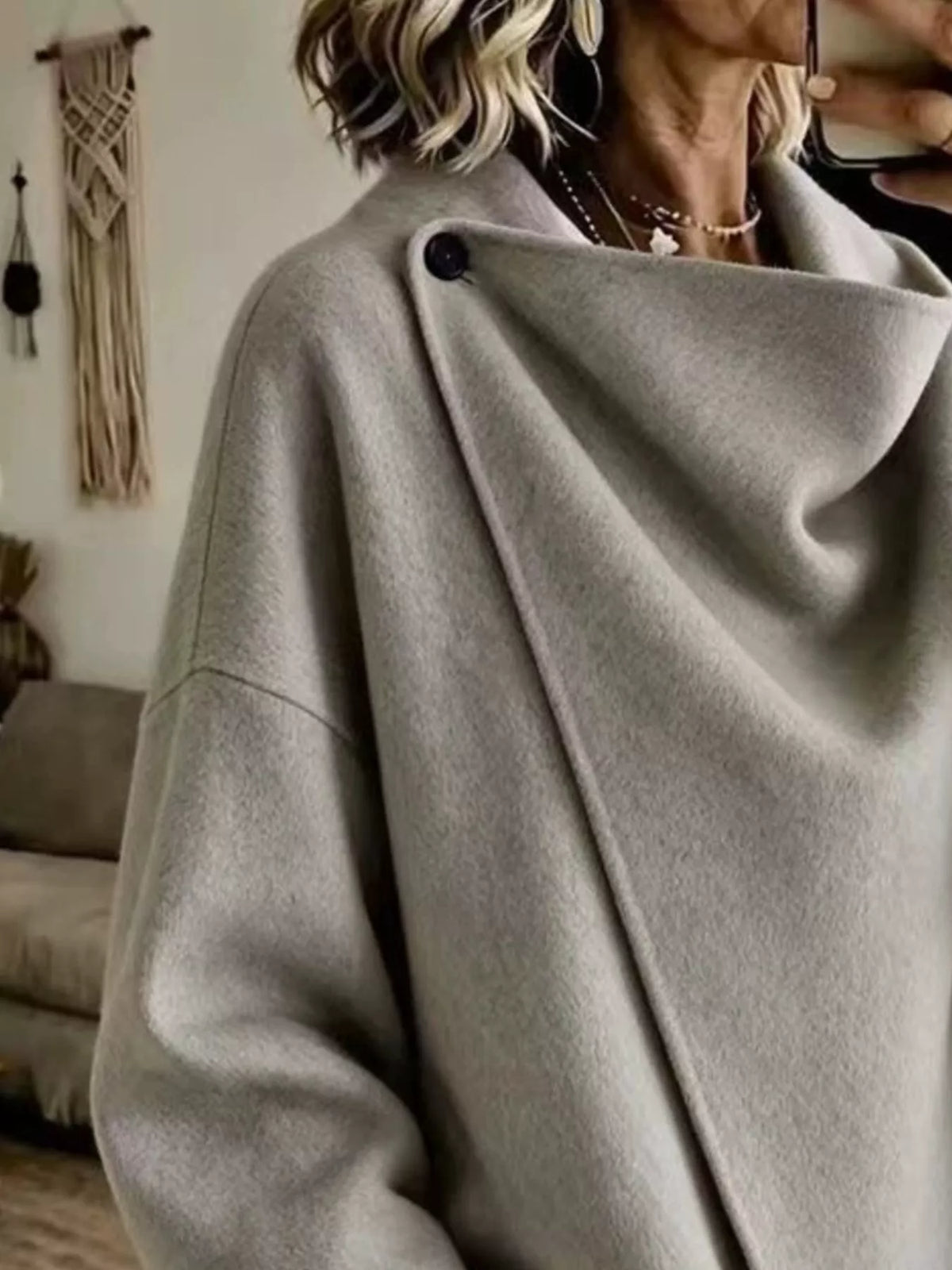 Women's Asymmetric Collar Button Detail Jacket in gray — neckline detail view