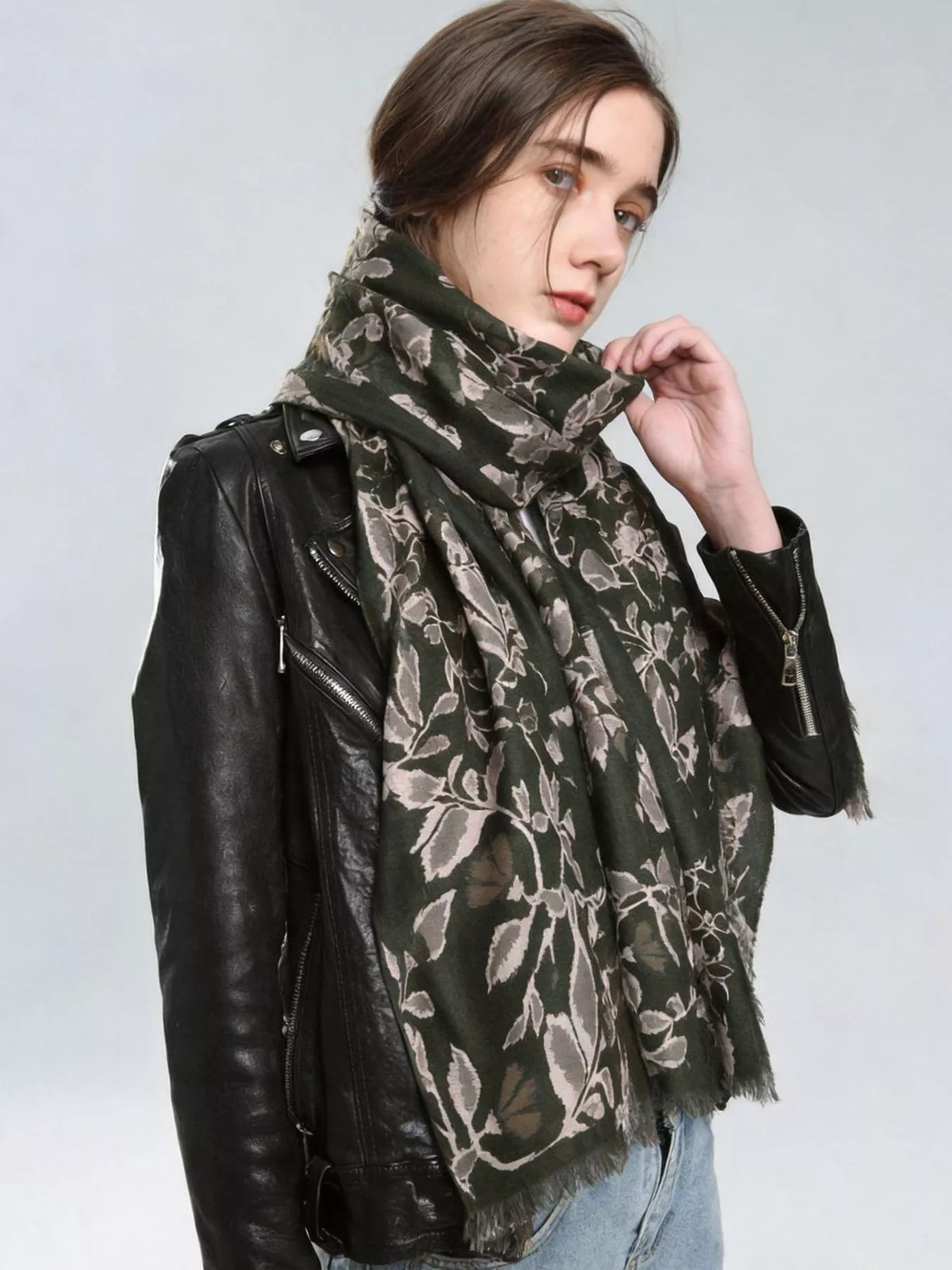 Botanical Print Fringed Scarf, shown worn