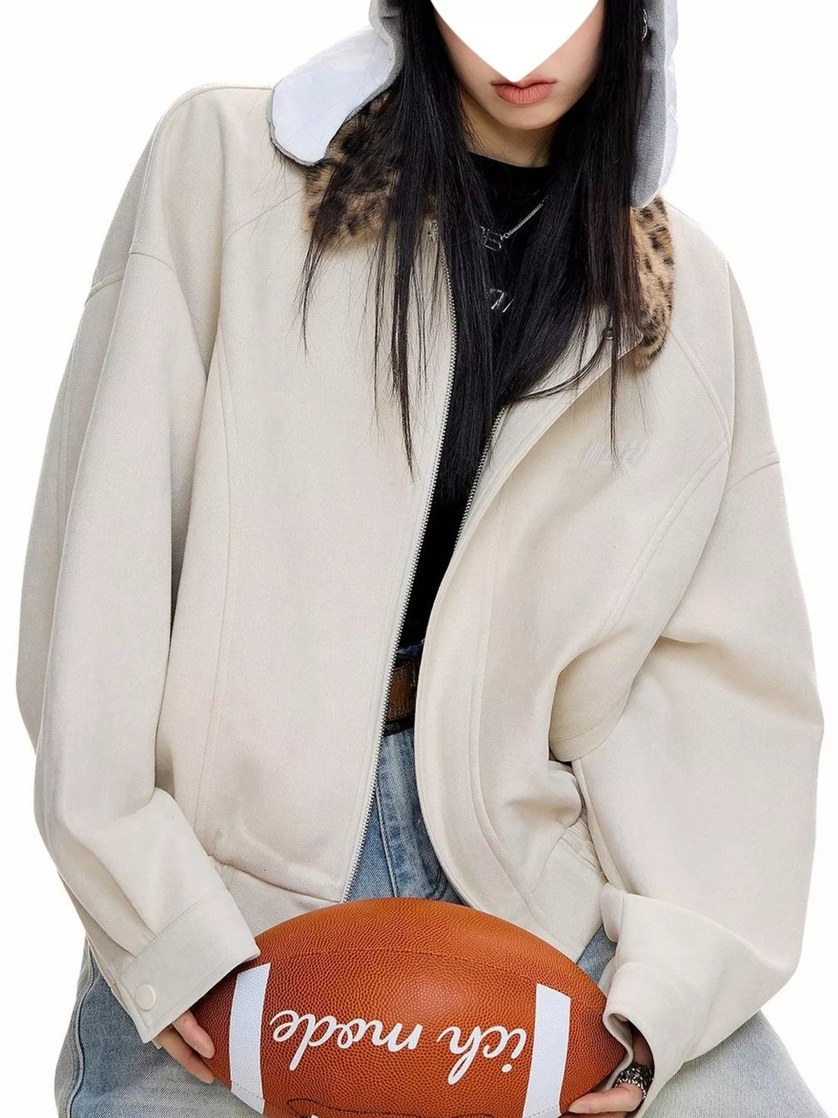 Cream faux fur collar zip up jacket, front view
