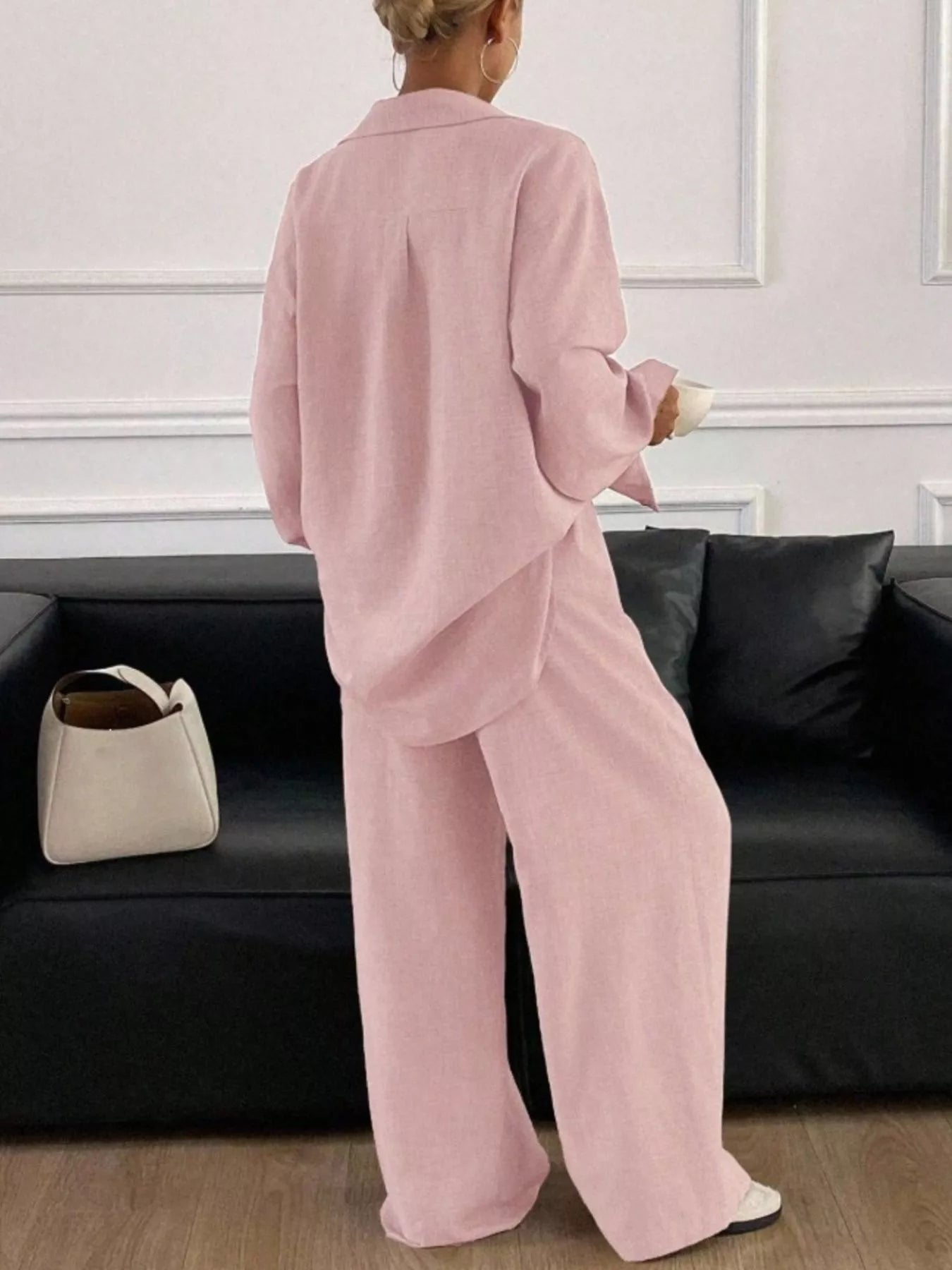 Trendsi Button Up Long Sleeve Shirt and Wide Leg Pants Set -