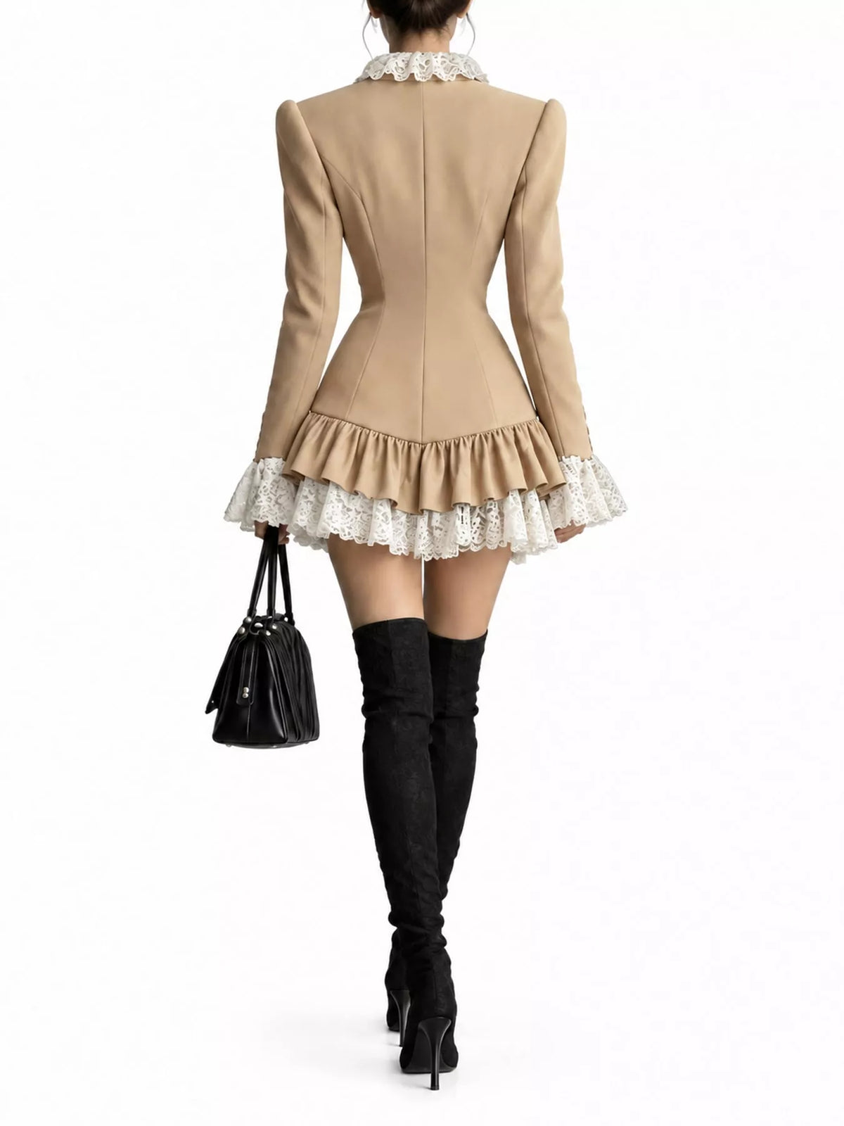 Beige lace trim blazer dress, back view