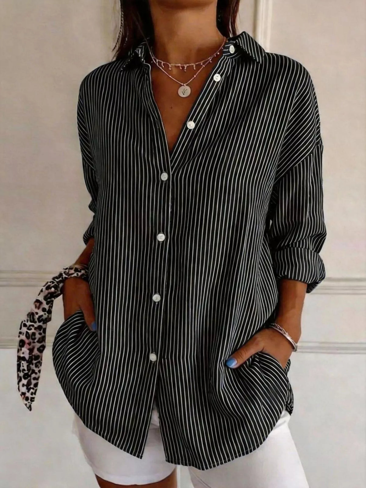 Black striped long sleeve shirt, front view