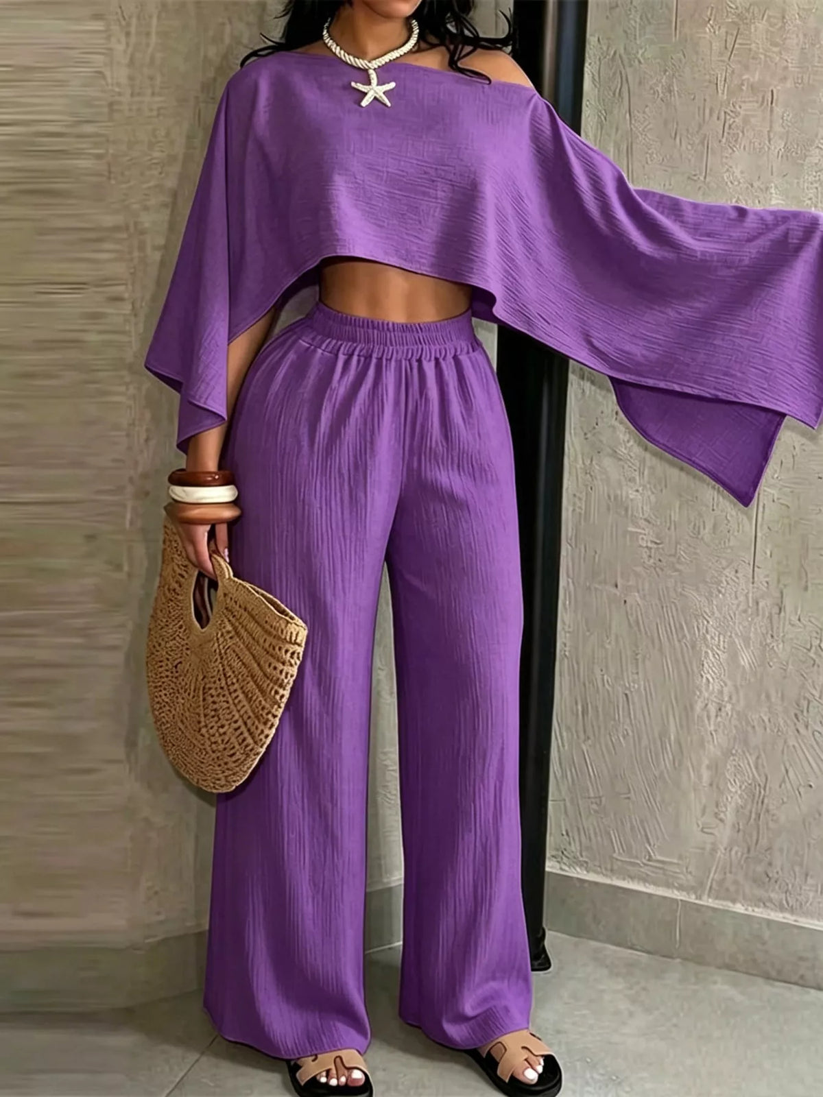Women's Boat Neck Crop Top and Wide-Leg Pants Set in purple — front view