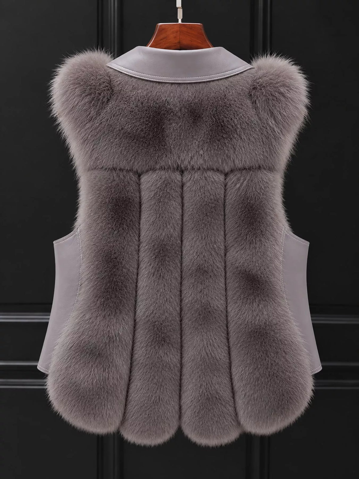 Faux Fur Snap Down Vest Coat, back view in red and gray