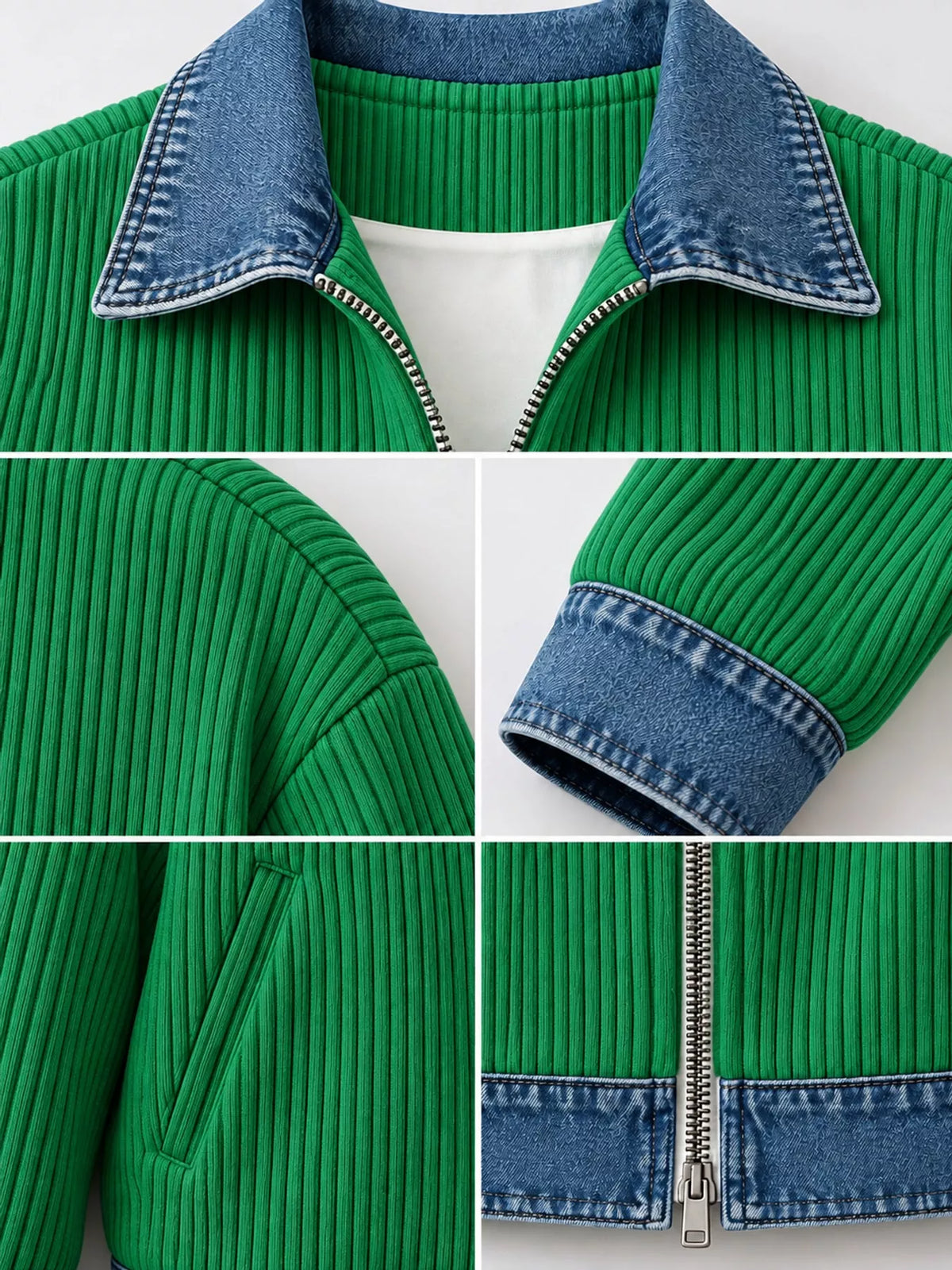 Green denim-collar ribbed knit zip-up jacket — design and construction details