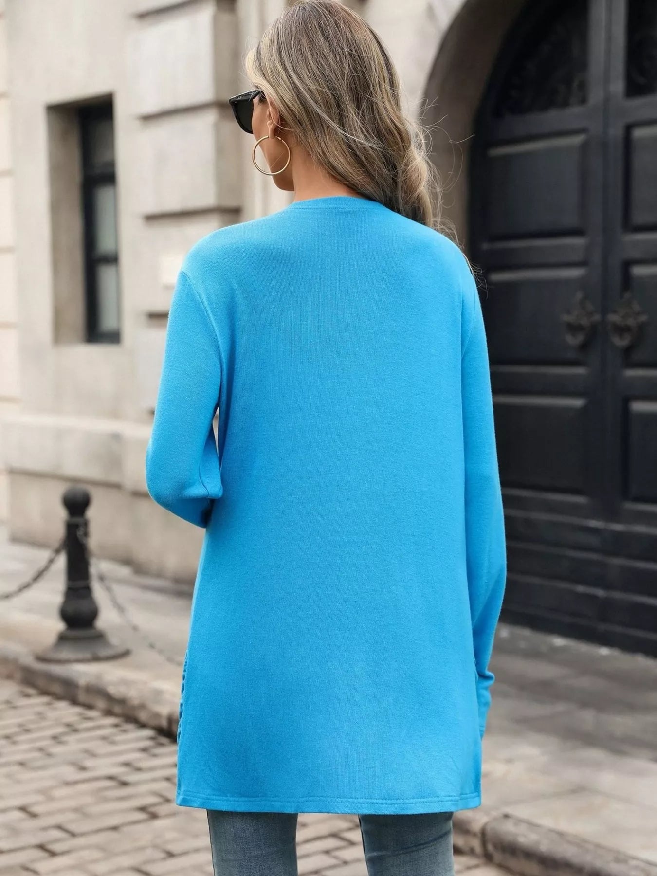 Ruched pocket open-front cardigan