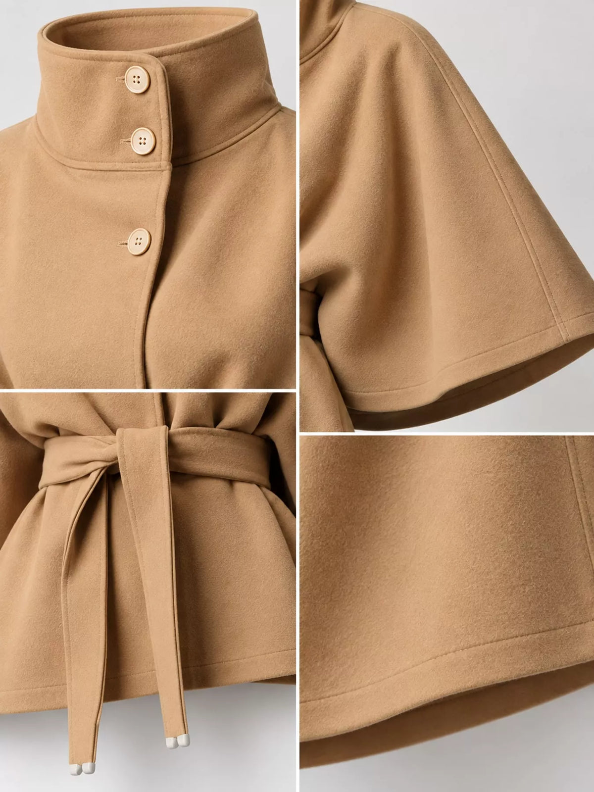 Tan belted button-front cape — design and construction details