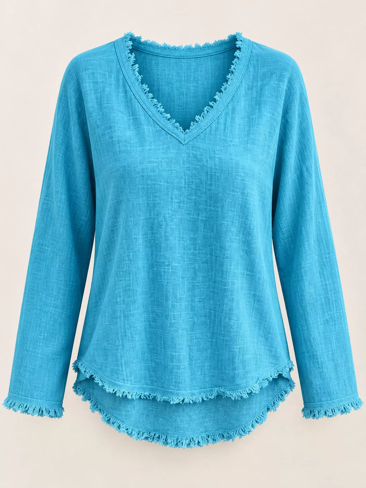 Frayed-hem blouse, turquoise hanging front