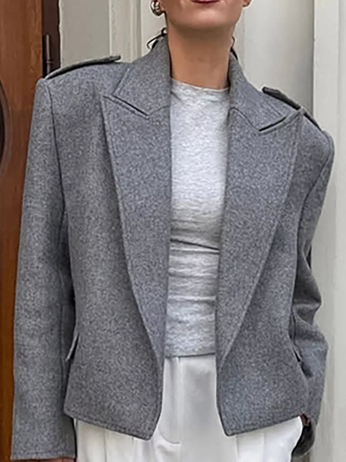 Collared long sleeve blazer, front view on model