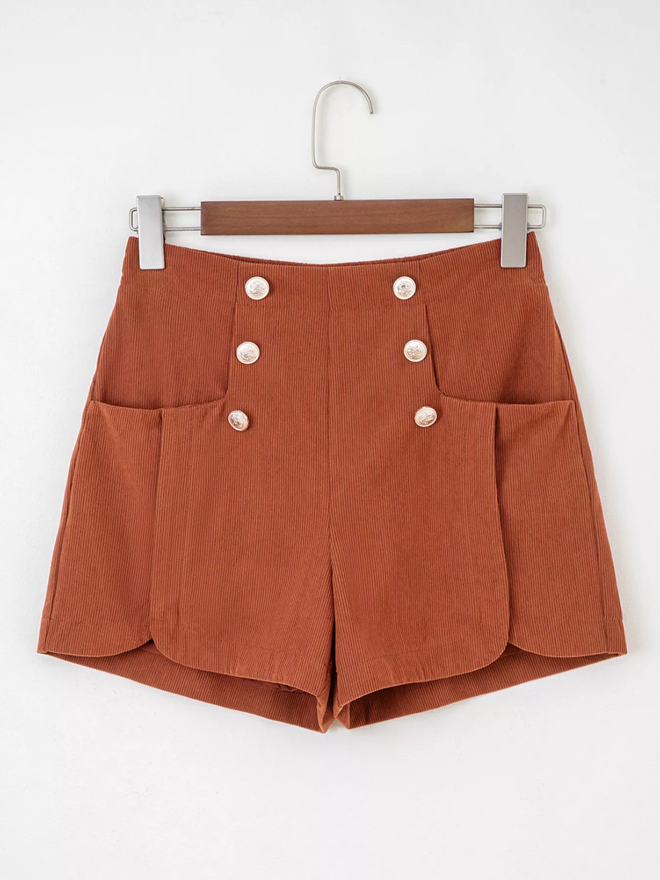 Trendsi Button Decor Scalloped Edge High Waist Corduroy Shorts -