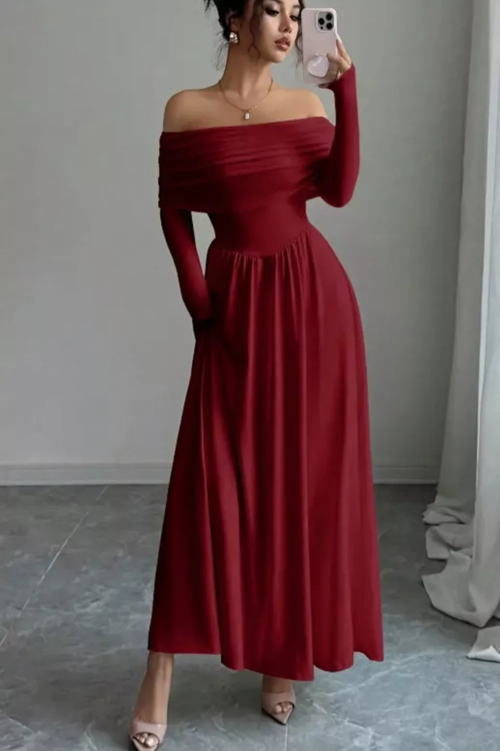 Trendsi Off-Shoulder Ruched Bodycon Maxi Dress -
