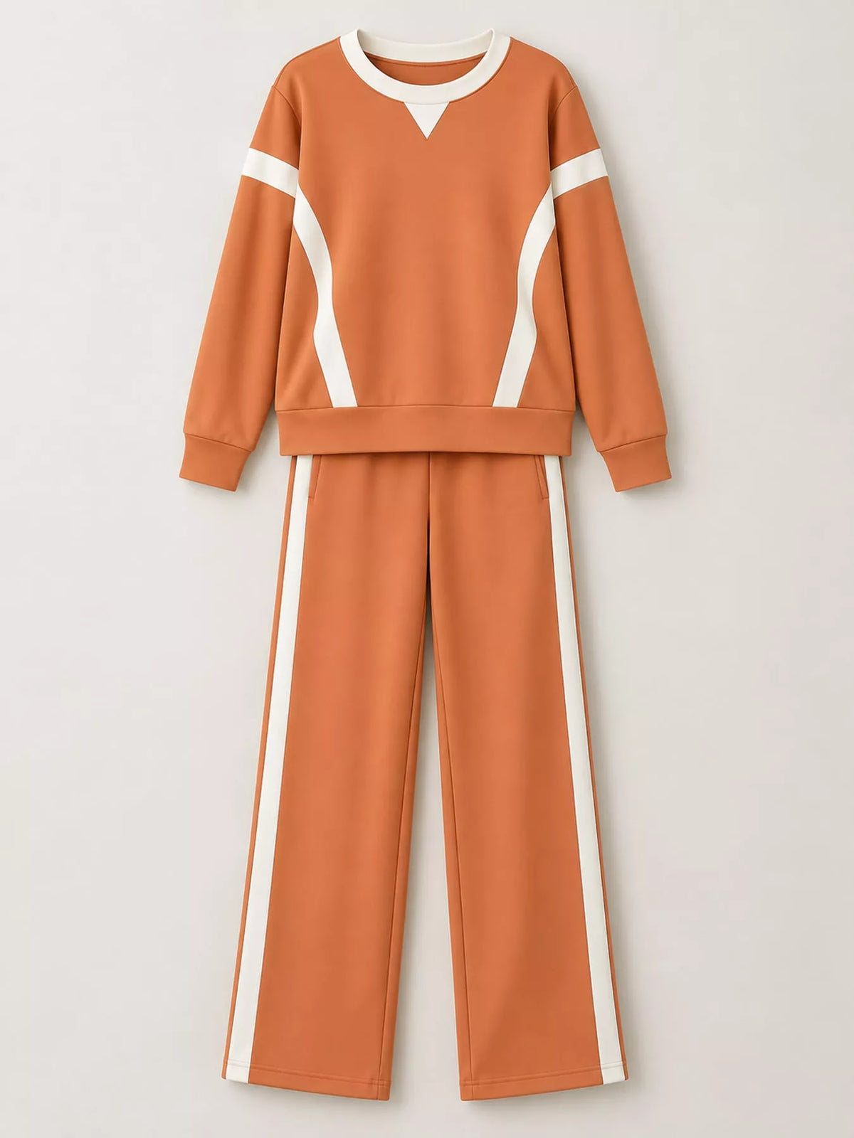 Contrast Striped Crew Neck Top and Pants Set in orange and white