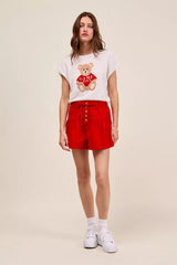 Trendsi SO ME Solid Twill Denim Pintucked Buttoned Shorts With Waist Tie -