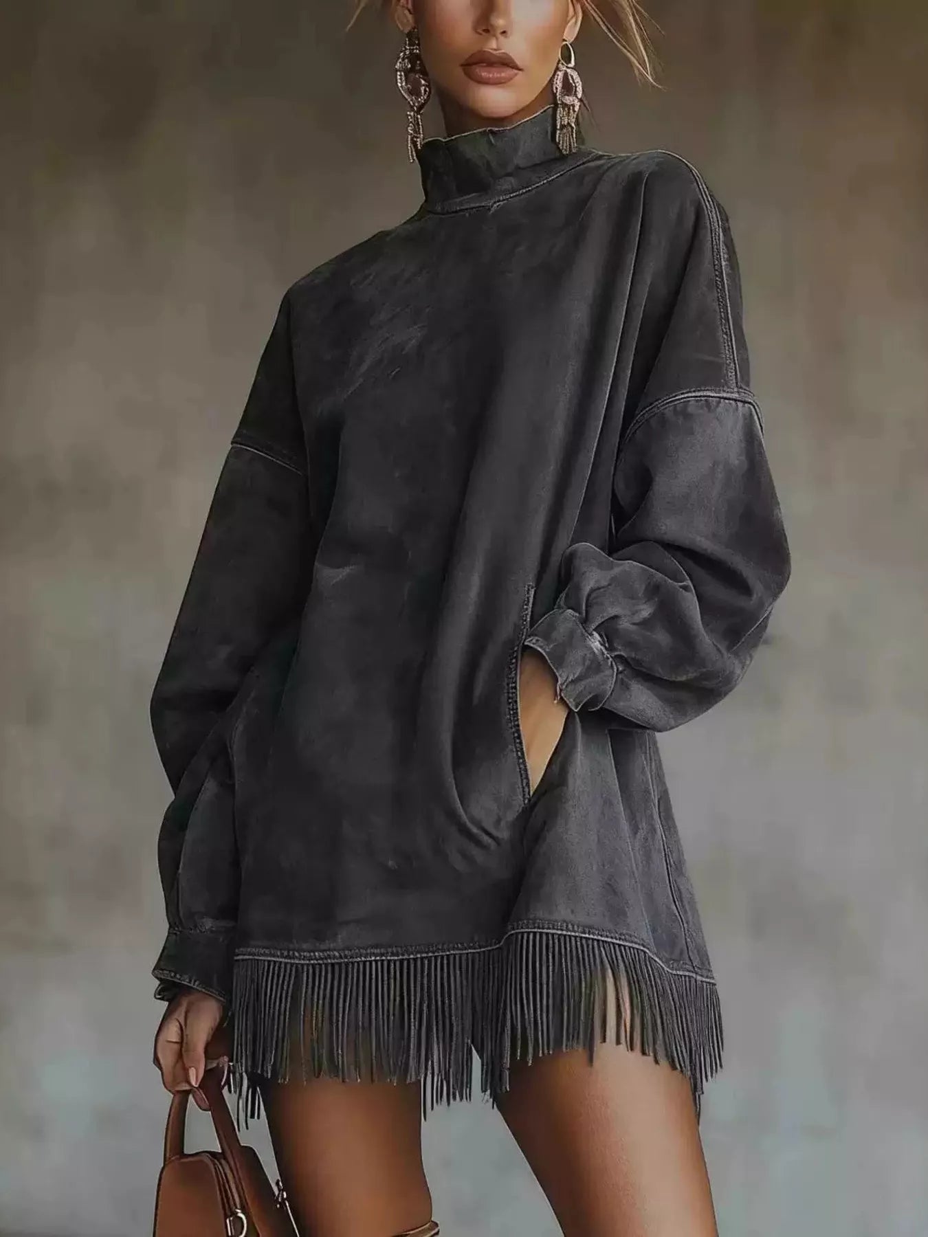 Trendsi Full Size Mock Neck Fringed Hem Long Sleeve Mini Dress Plus Size -