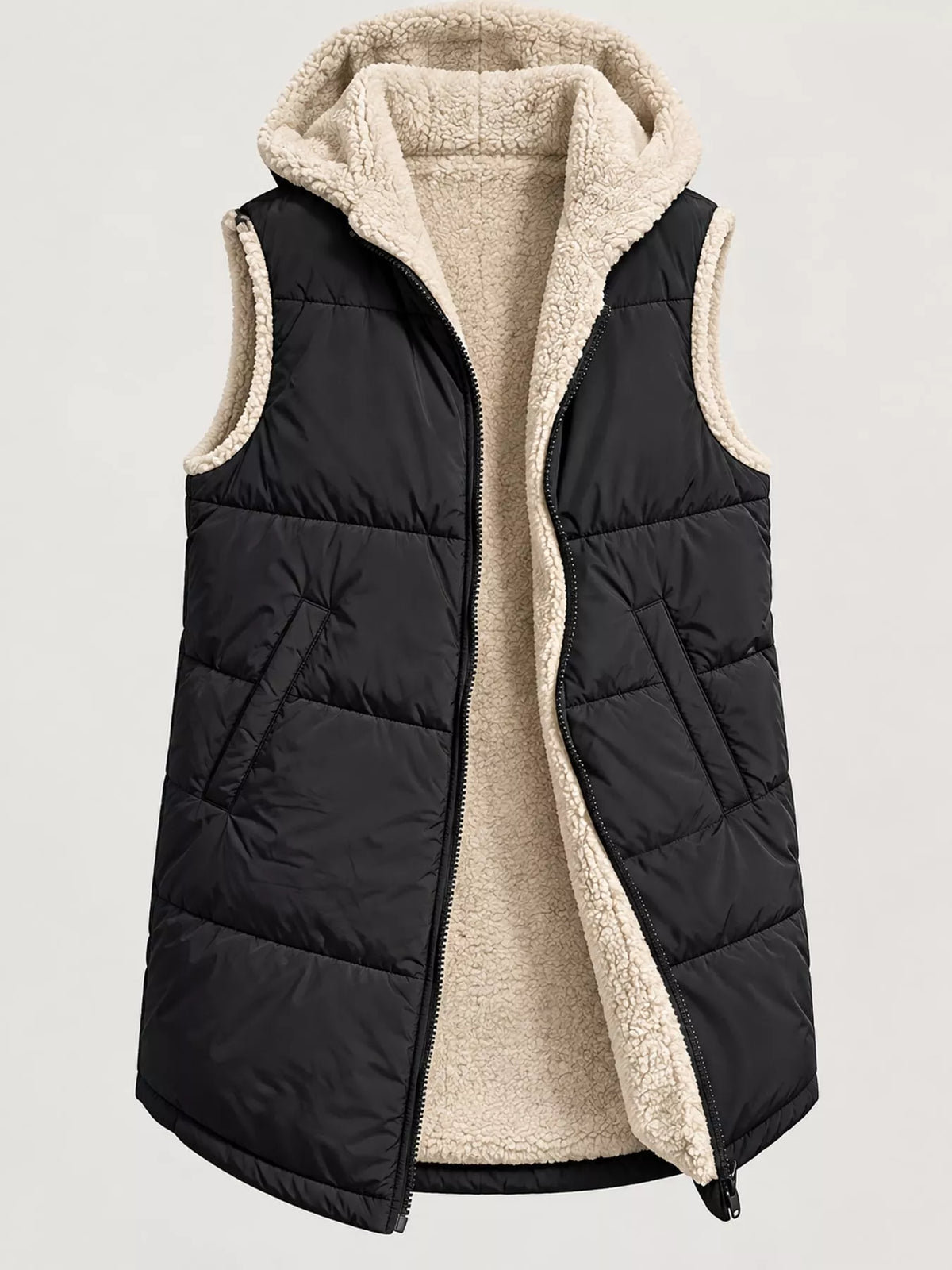 Black hooded sherpa-lined puffer vest, product view