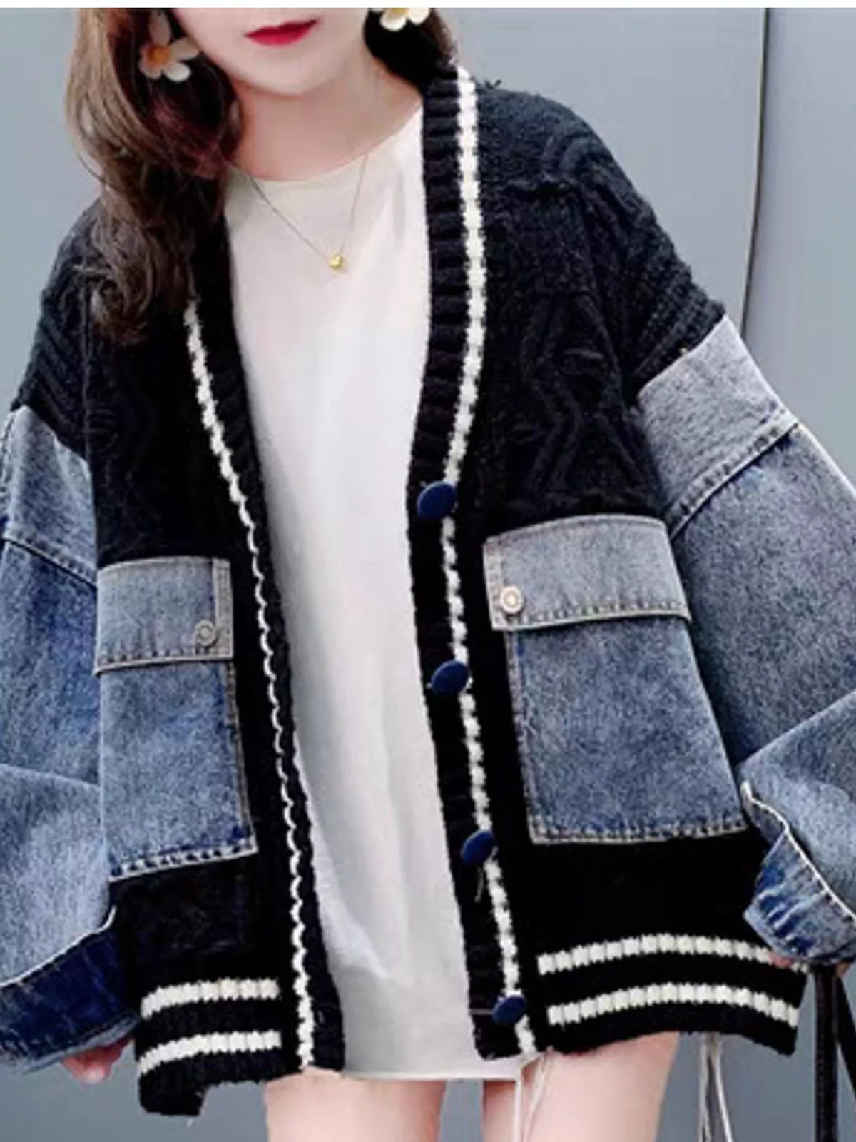Contrast Denim Patchwork Cable Knit Cardigan in black and blue