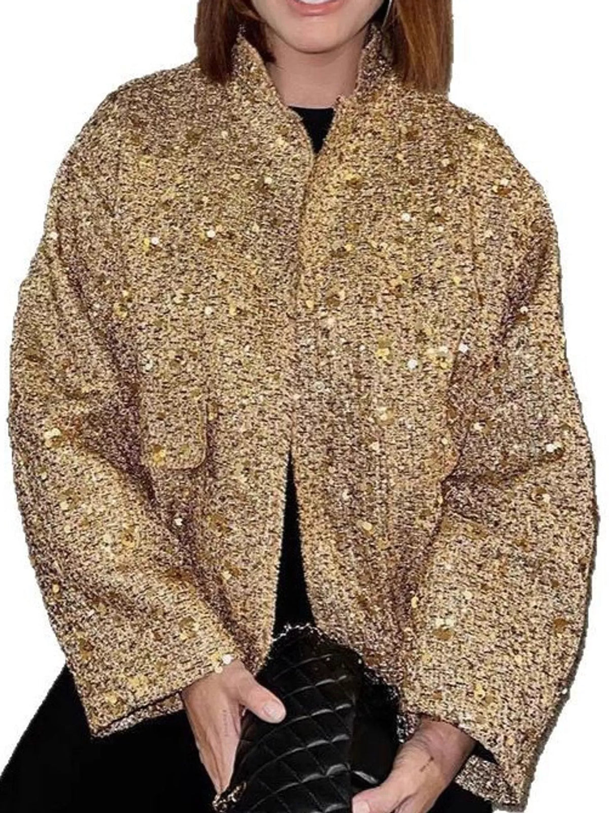 Gold tweed textured long sleeve jacket — front view