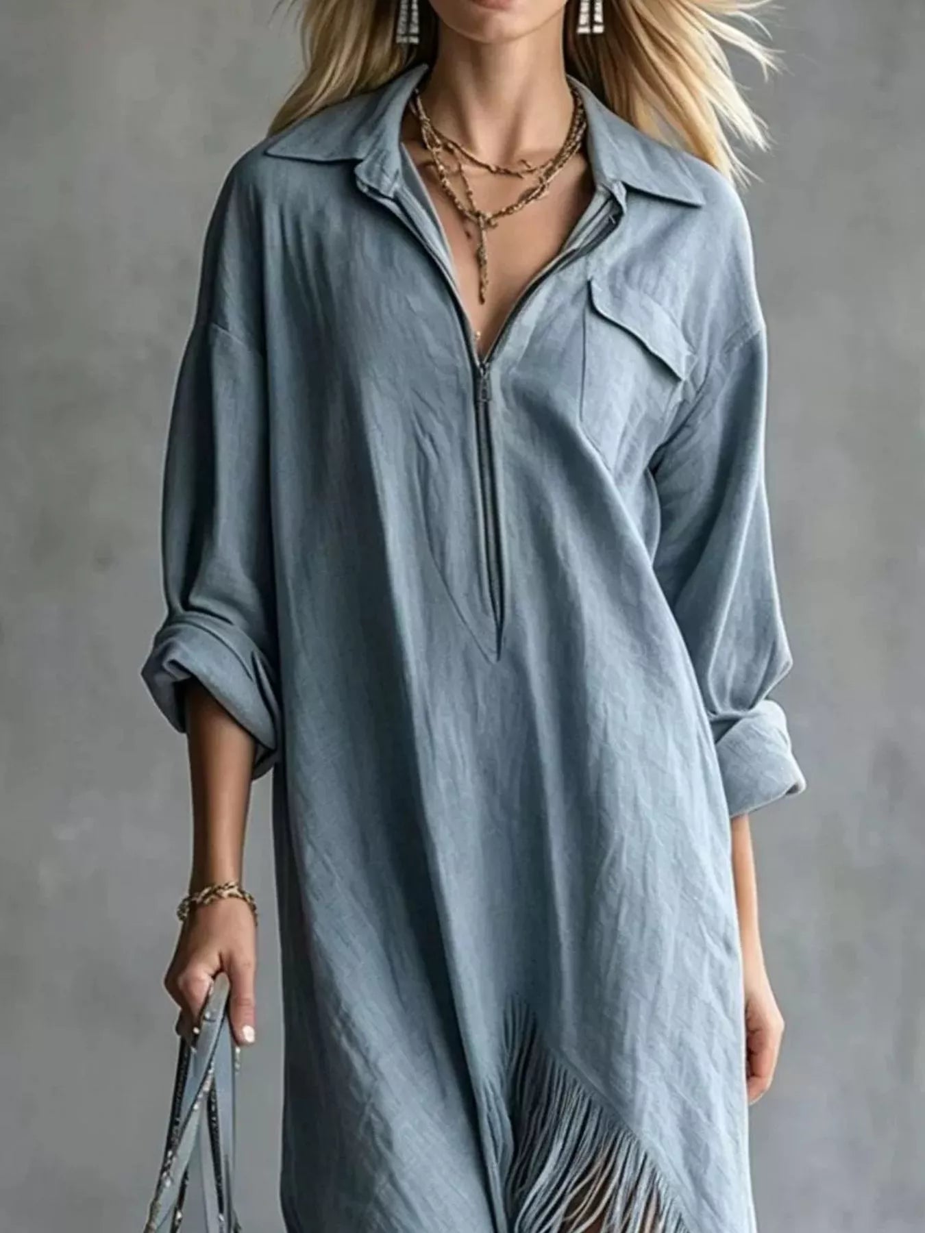 Trendsi Fringe Hem Zip-Up Shirt Dress -