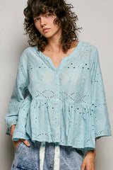 Trendsi POL Eyelet Embroidery Peplum Button Front Cotton Shirt -