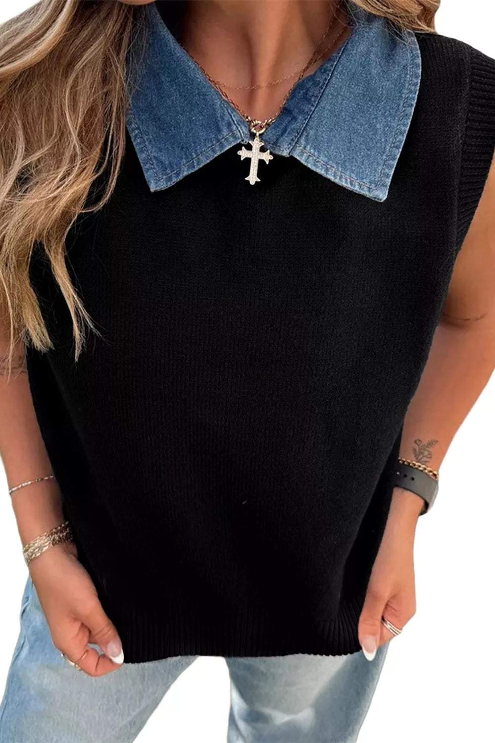 Trendsi Contrast Denim Collar Sweater Vest -