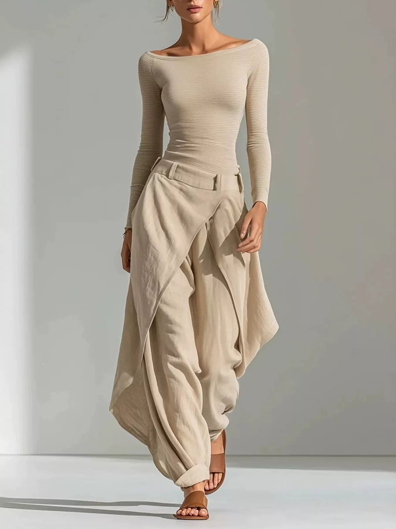 Trendsi Boat Neck Long Sleeve Top and Asymmetrical Pants Set -