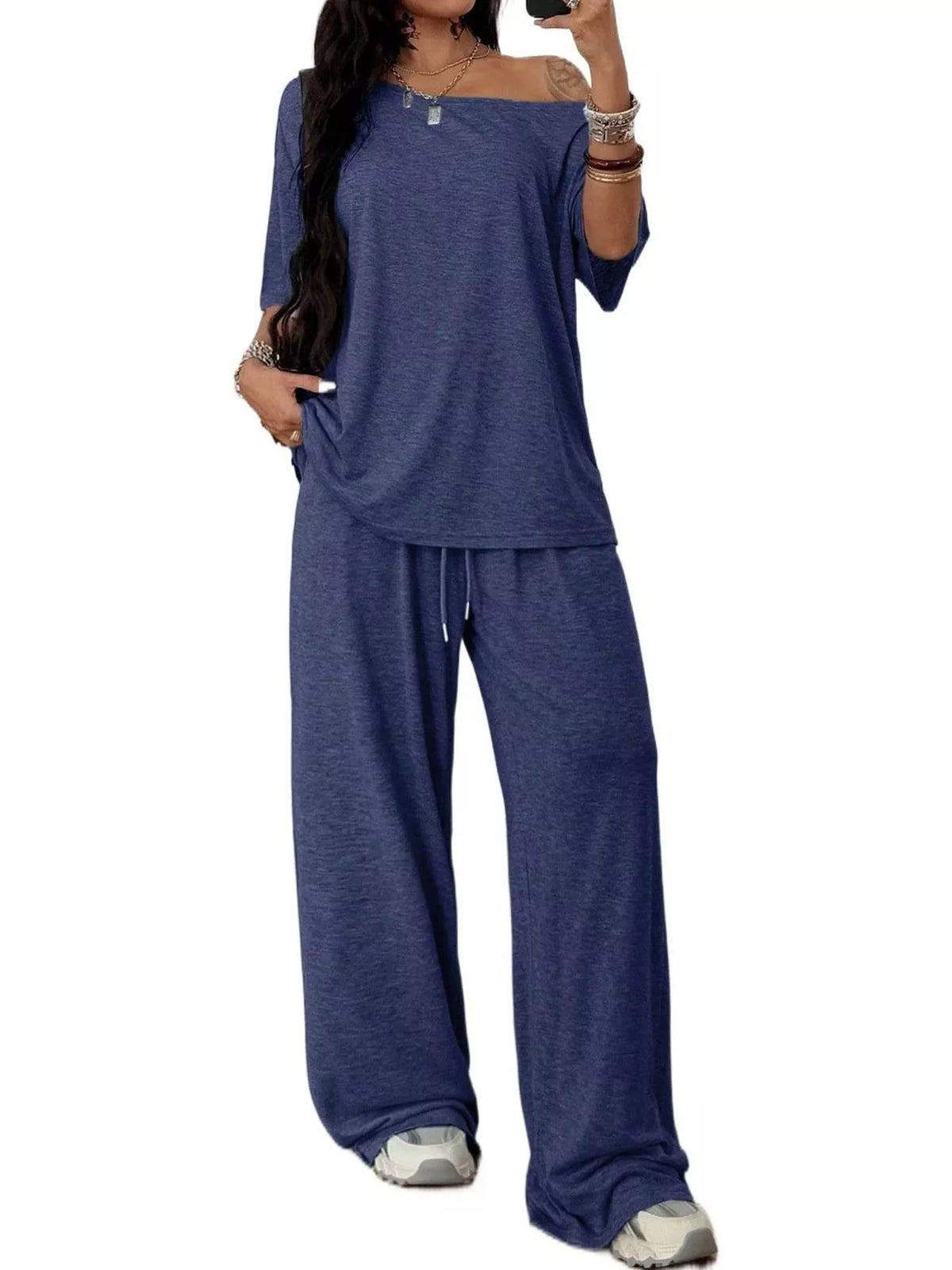 Navy boat neck top and wide-leg pants set — front view