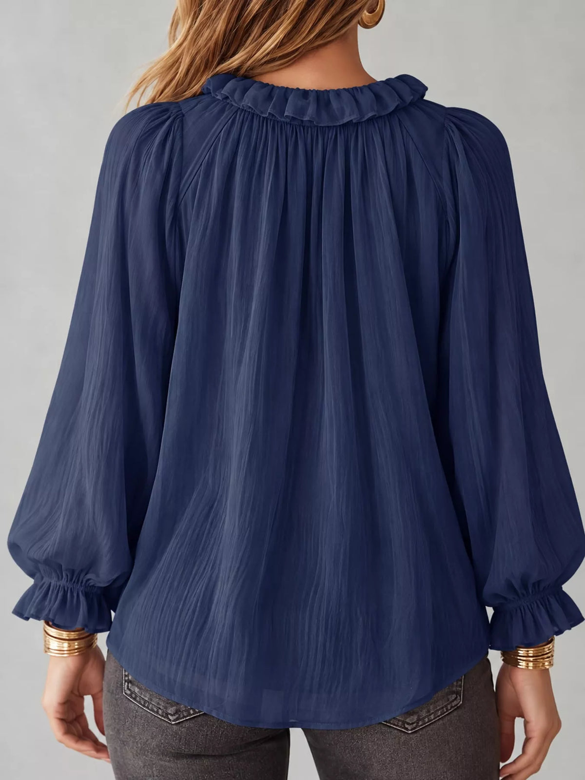 V-neck long sleeve blouse, back view