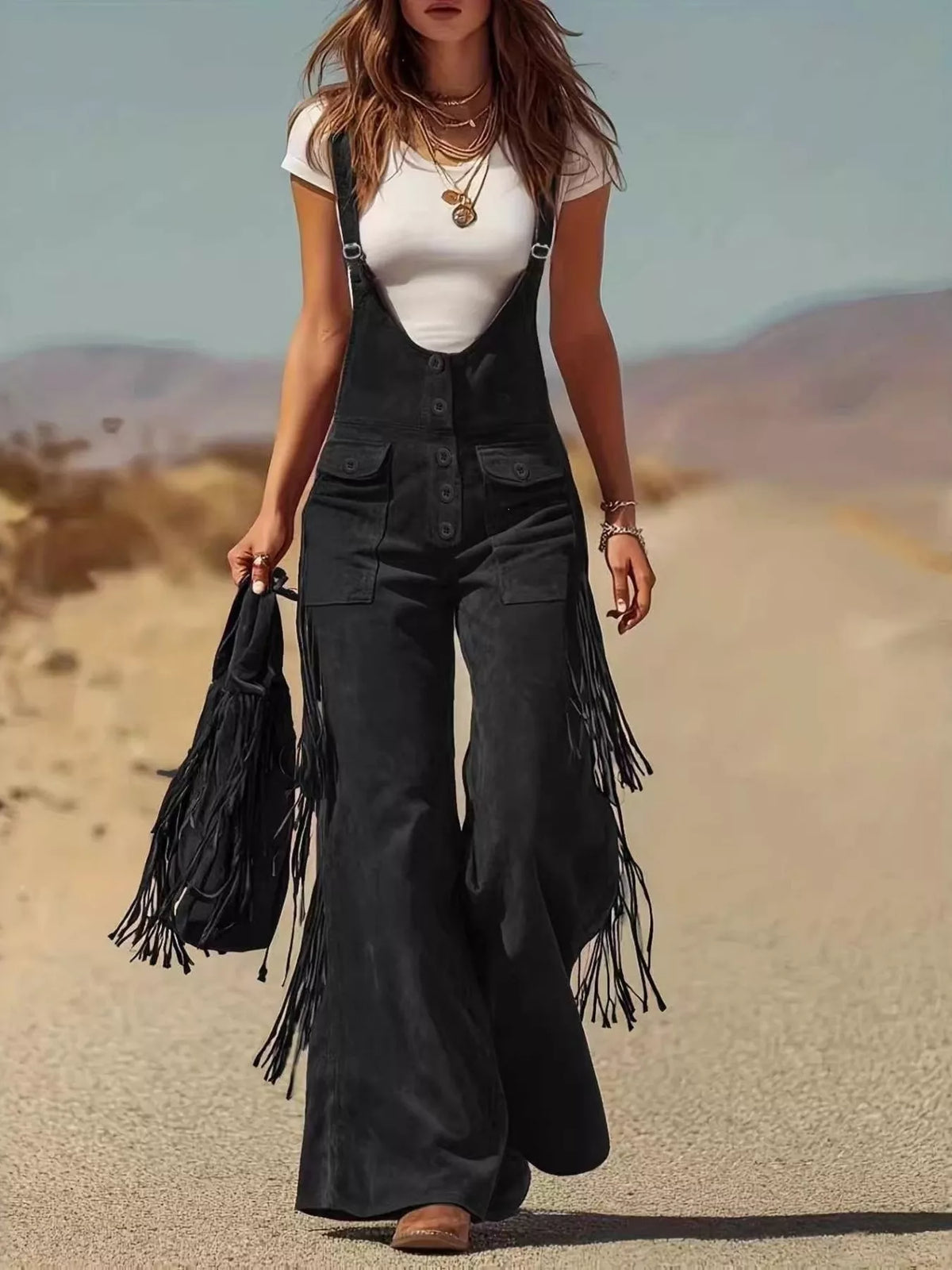 Black fringe detail flare leg overalls