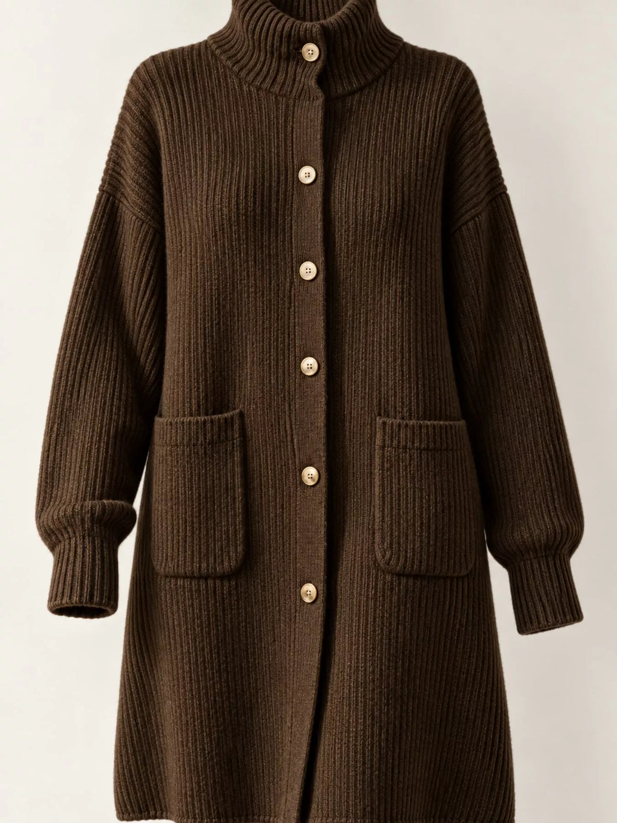 Brown ribbed turtleneck longline cardigan, collar and button detail