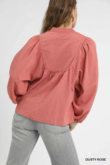 Trendsi Umgee Textured Notched Blouse with Balloon Sleeves - Shirts