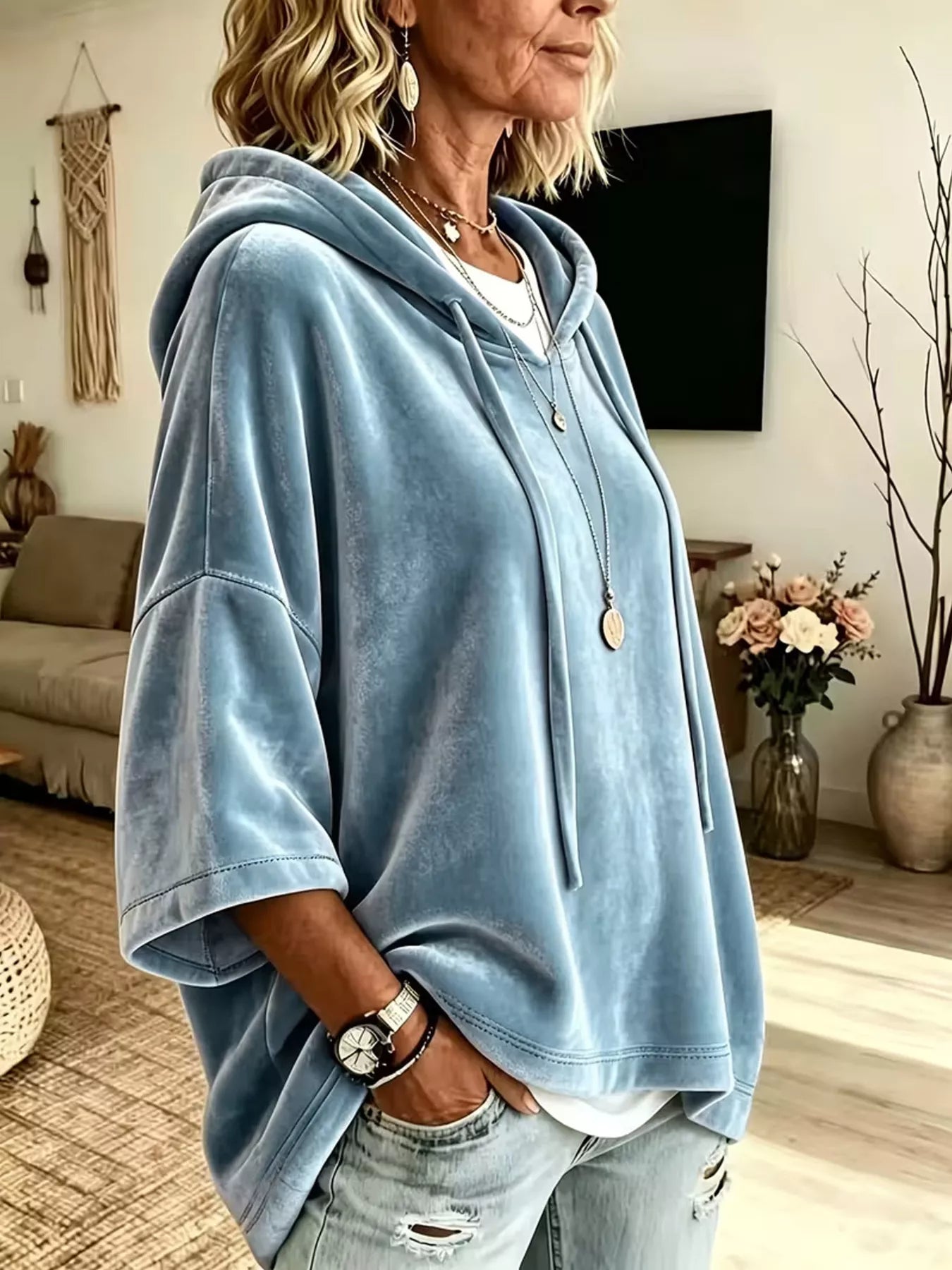 Trendsi Velvet Loose Fit Hoodie with Drawstring -
