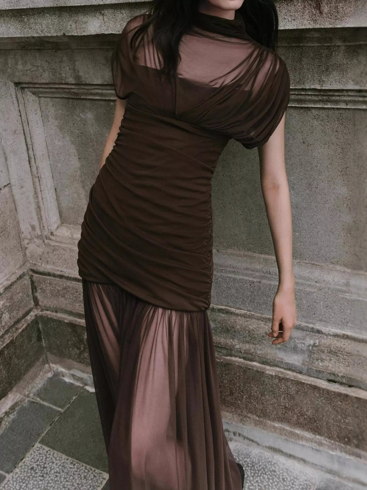 Brown mock neck ruched maxi dress, front view