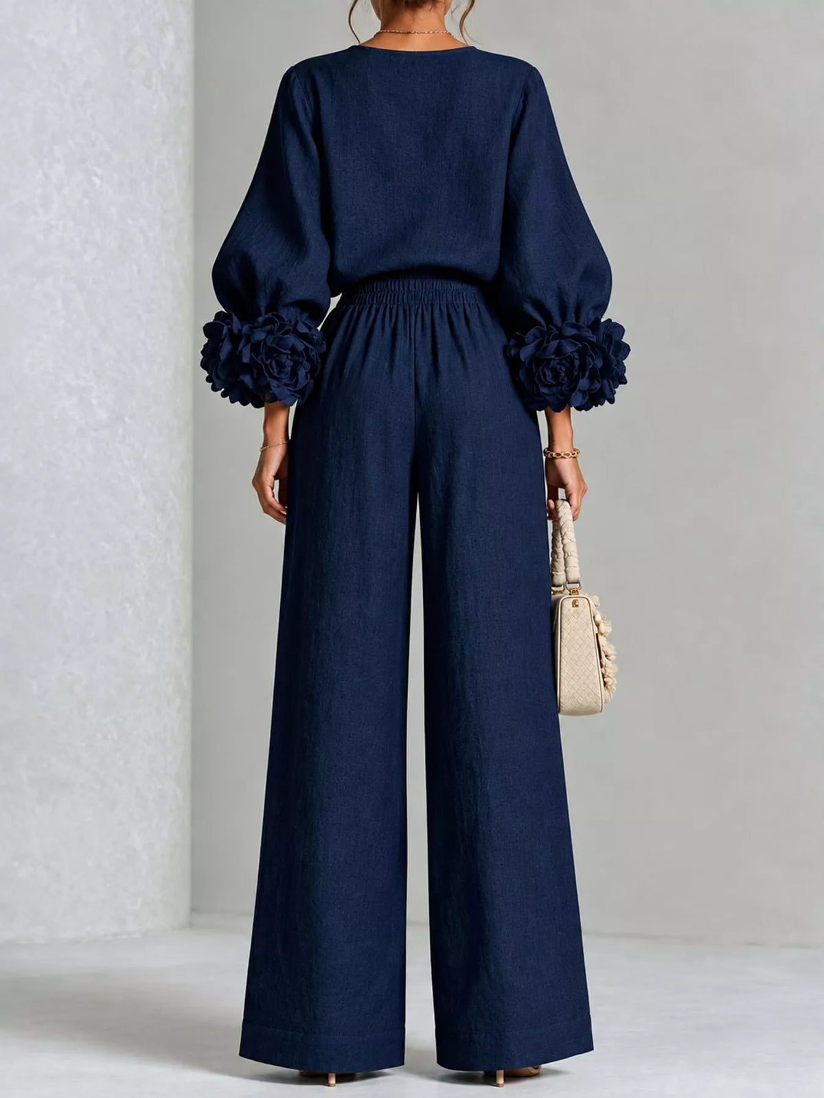 Floral Sleeve Embellishments Top and Pants Set — front view