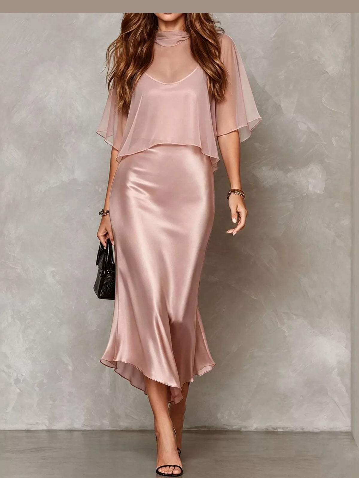 Pink satin cami dress and sheer cover up set — front view