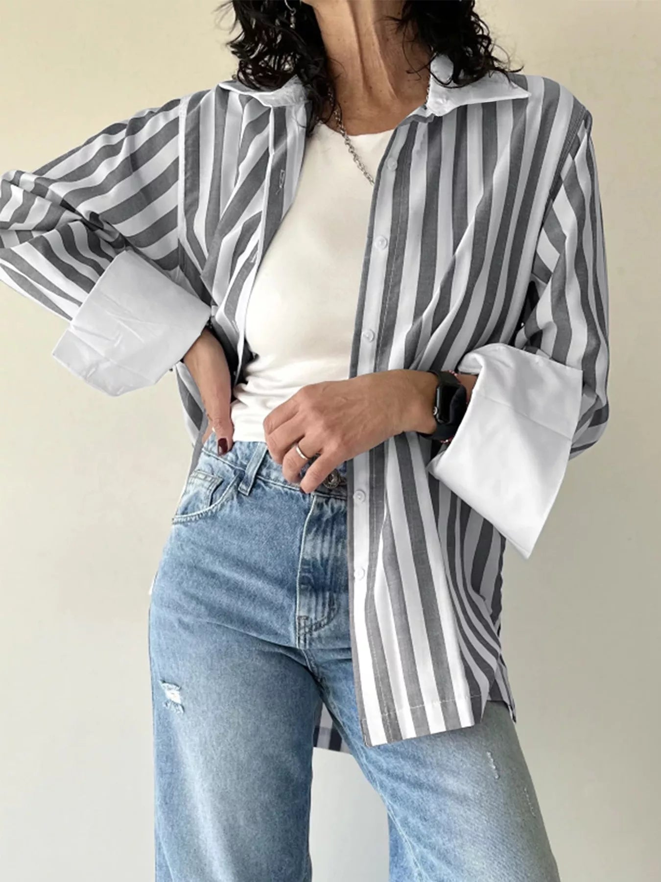 Trendsi Striped Button-Up Long Sleeve Shirt -