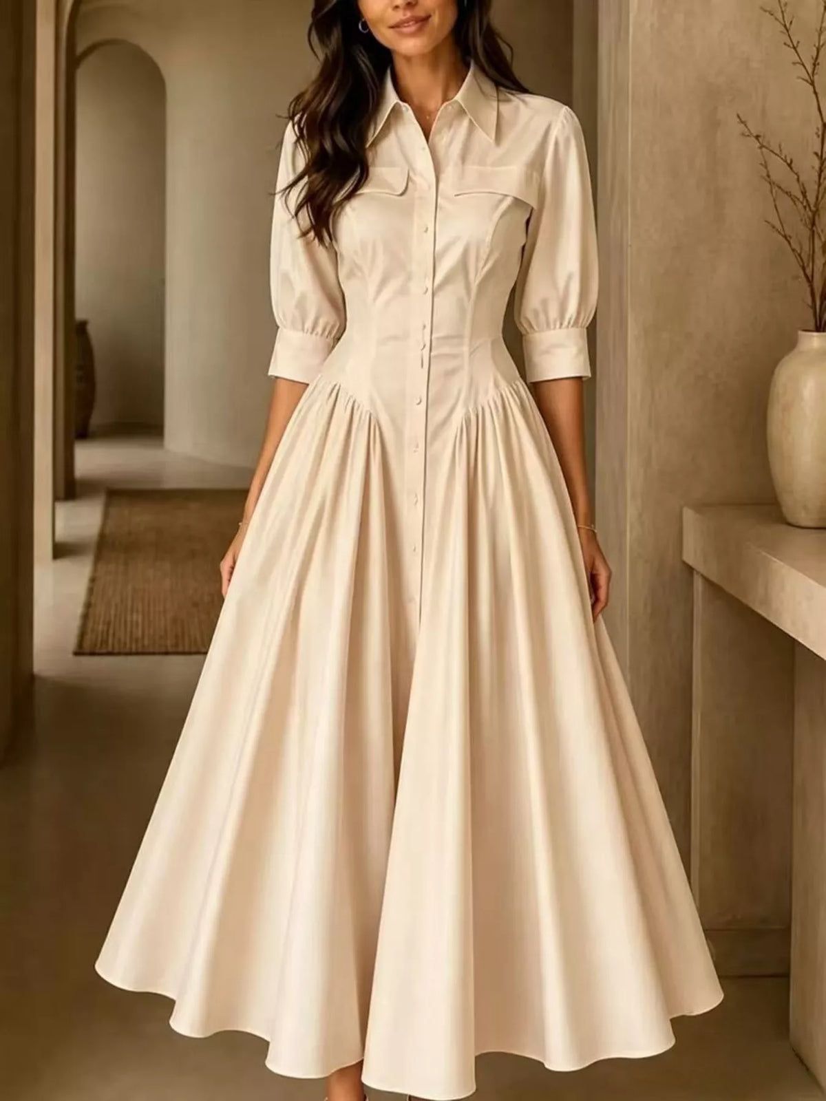 Button-Down Shirt Dress with Cinched Waist, front view