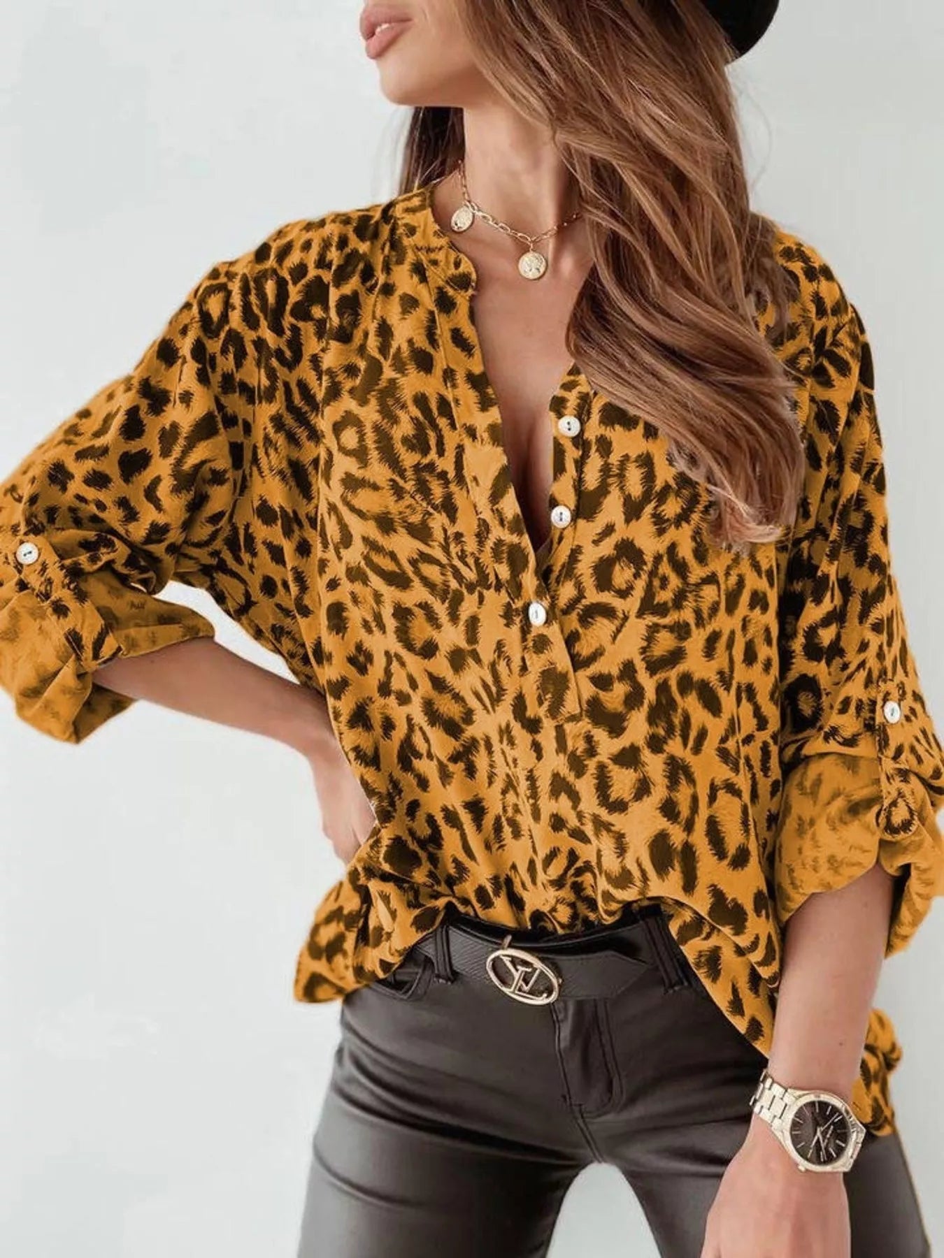 Trendsi Leopard Print Button Detail Blouse -