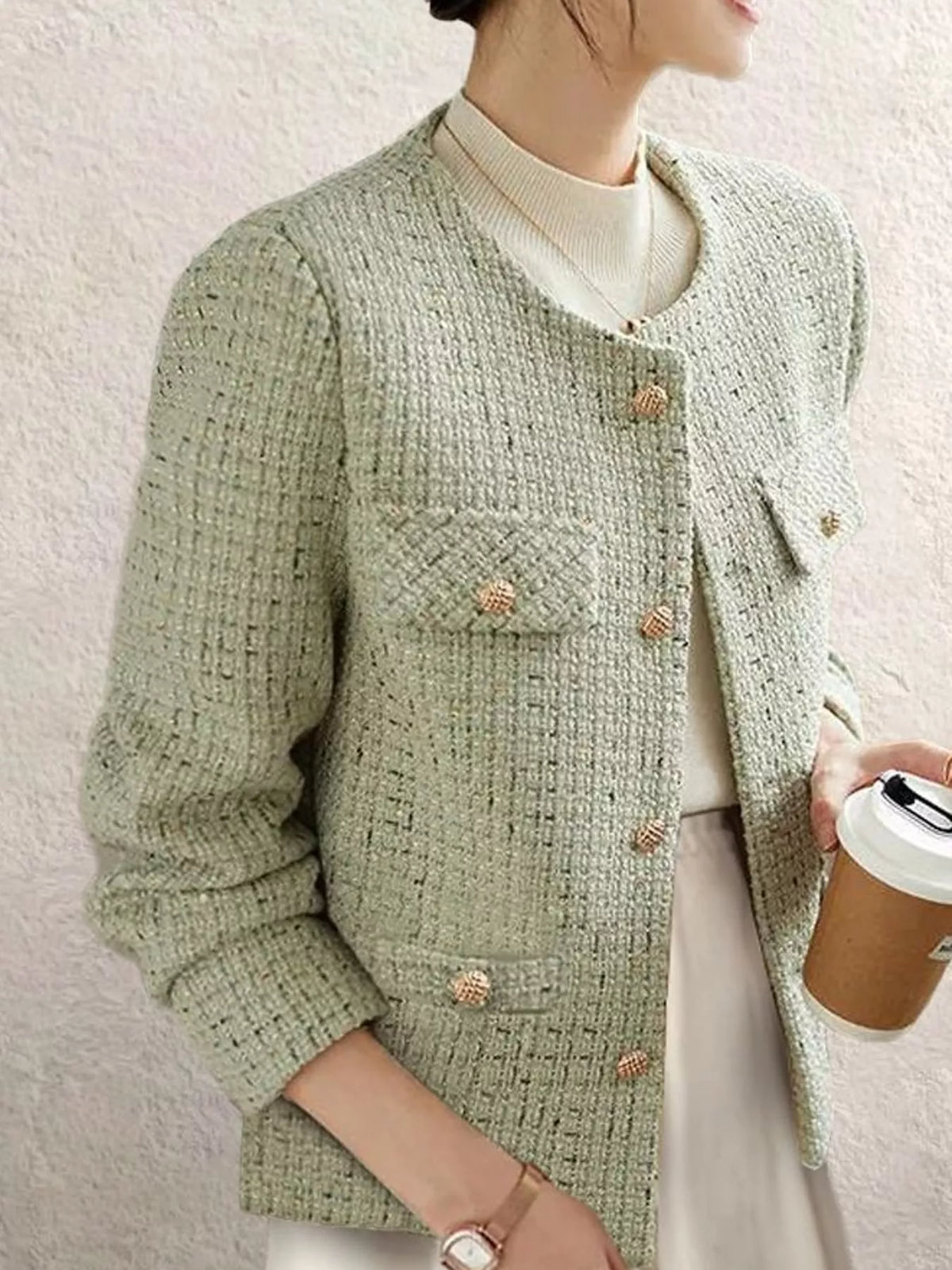 Textured Jacket with Gold-Tone Button Accents in light green