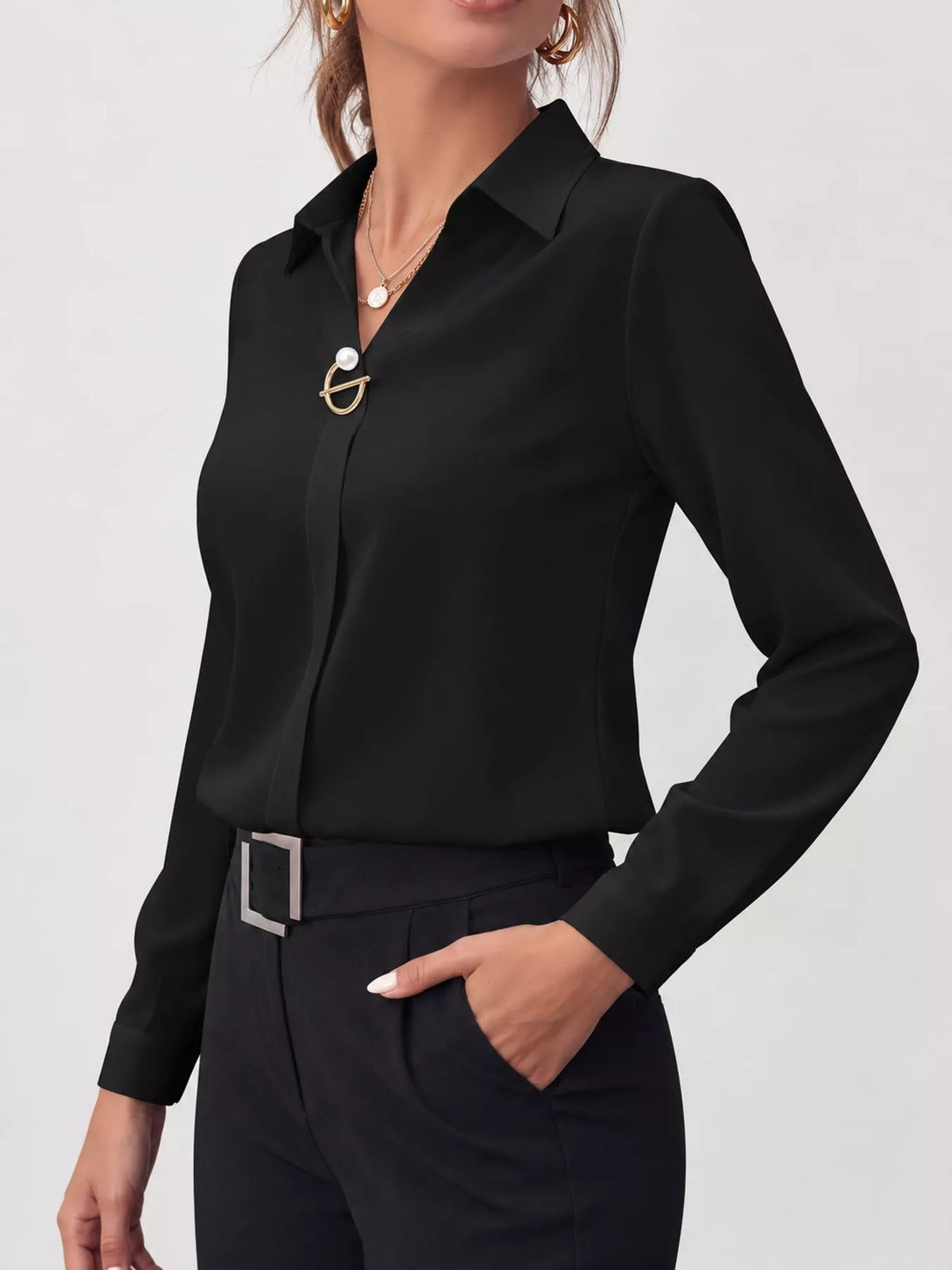 Women's Collared Clasp Detail Long Sleeve Satin Blouse in black — side view