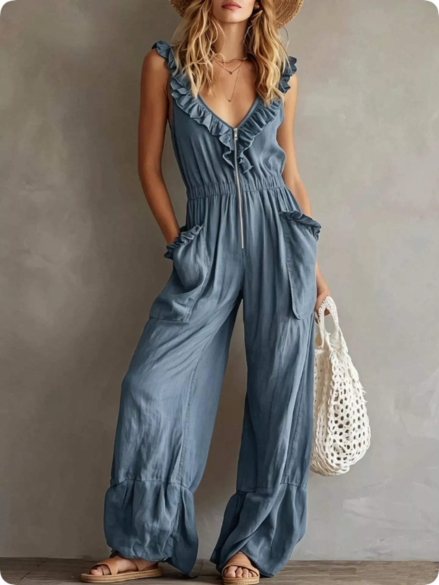 Trendsi Ruffled V-Neck Wide Leg Jumpsuit -