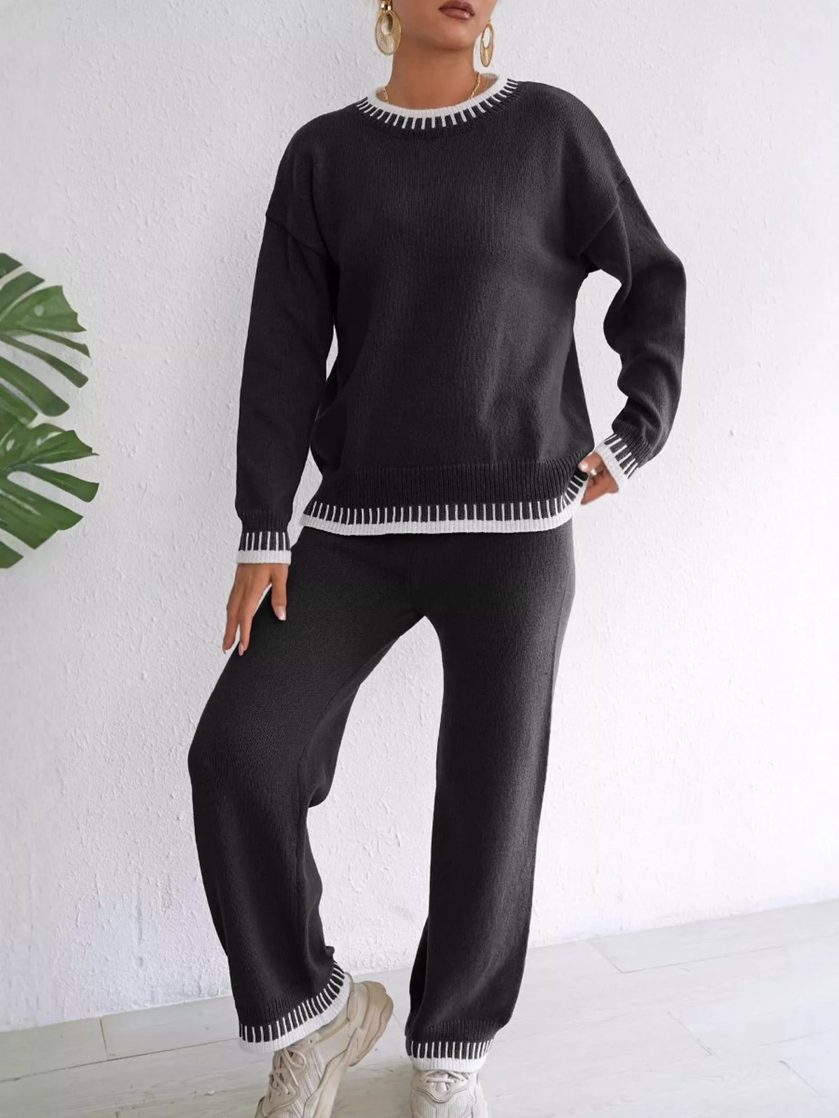 Black Contrast Trim Crew Neck Sweater and Pants Set side view